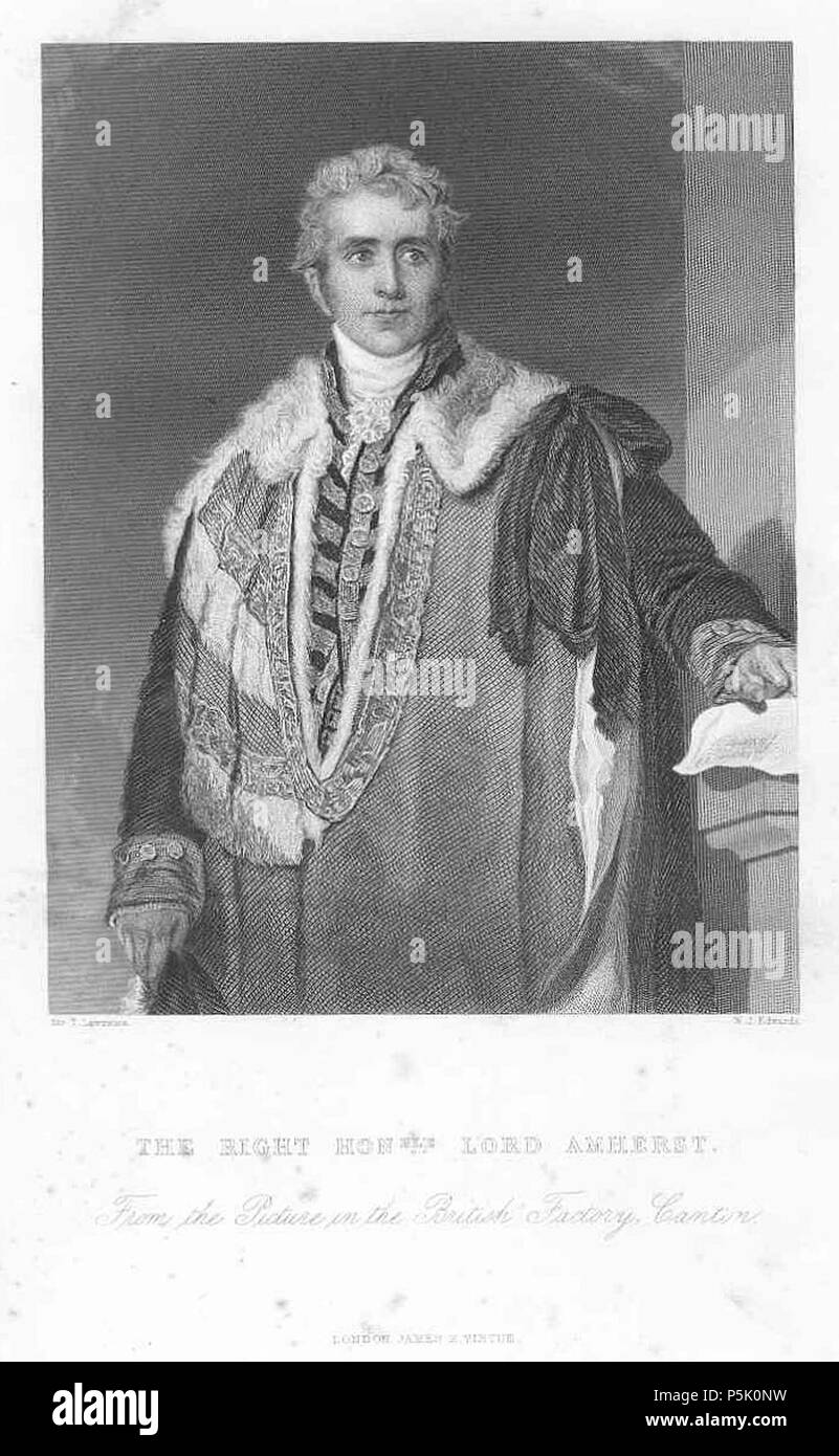 N/A. Portrait des Herrn Abgeordneten William Pitt Amherst (1773 - 1857), Lord Amherst, Generalgouverneur von Indien: Dieses Bild stammt von einem Bild von Sir Thomas Lawrence, Prinzip Maler in gewöhnlichen Seiner Majestät S.R.A., für das britische Werk in Kanton auf seine Herrschaft Rückkehr von seiner Botschaft zu China gemalt. Es wurde von Charles (Chas.) Turner, mezzotinto Stecher in gewöhnlichen Seiner Majestät, graviert, und am 24. Mai veröffentlicht wurde, 1824 von Verwirrung. rs Colnaghi Sohn & Co Printsellers zum König Pall Mall Östlich.[2]. 24. Mai 1824. N/A 28 Lordamherst 1820 Stockfoto