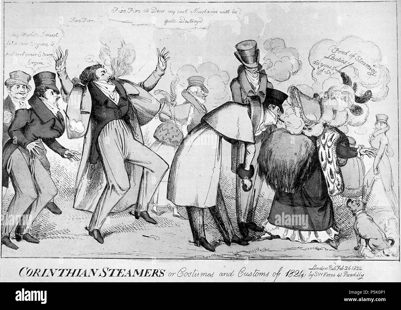 N/A. 'Korinthischen Dampfer oder Trachten und Bräuche von 1824", ein Feb 26 1824 Karikatur von W. Heide, ein Dandy, der Schnurrbart Feuer fängt, und ein anderes dandy Verhalten in schockierende Verletzung der Etikette. Dies zeigt die Anfänge des Übergangs von Regency Viktorianische Haltungen in Bezug auf die Haare und Rauchen (sowohl der, die als abwegig und un-Englisch während der Regentschaft und sind hier lächerlich gemacht, aber später kommen würde betrachtet werden höchst respektable während der Viktorianischen Periode). Männliche Gesichtsbehaarung war noch nicht als vollständig respektabel, und Schnurrbärte waren Stockfoto