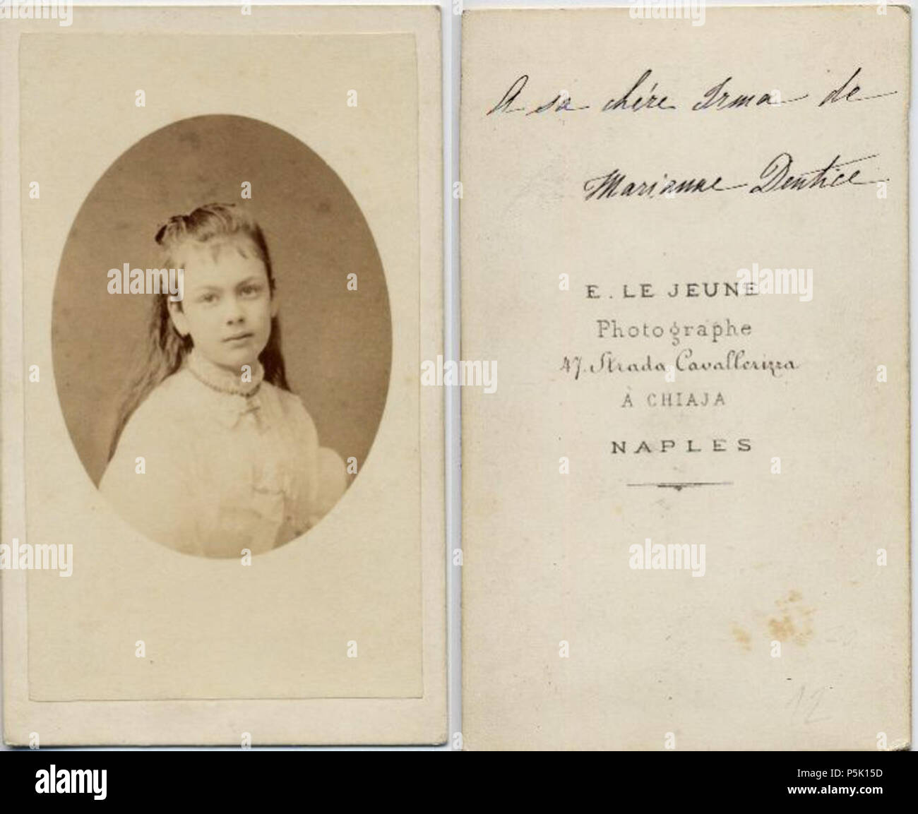 N/A. Italiano: Marianna Dentice, figlia del Conte Don Ernesto Principe di Frasso, patrizio Napoletano, e di Luisa Contessa Chotek von Chotkowa und Wognin. Nata a Napoli nel 1859, fotografia scattata attorno al 1870 da E. Le Jeune (Studio fotografico in der Via Cavallerizza a Chiaia n.47). Englisch: Marianna Dentice, Tochter von Don Ernesto Prinz von Frasso, in Neapel (Italien) 1859 geboren. um 1870. E.Le Jeune, Fotograf in Neapel, strada Cavallerizza a Chiaia 30 Marianna Dentice, figlia del Conte Don Ernesto Principe di Frasso (Neapel 1859) um 1870 Stockfoto