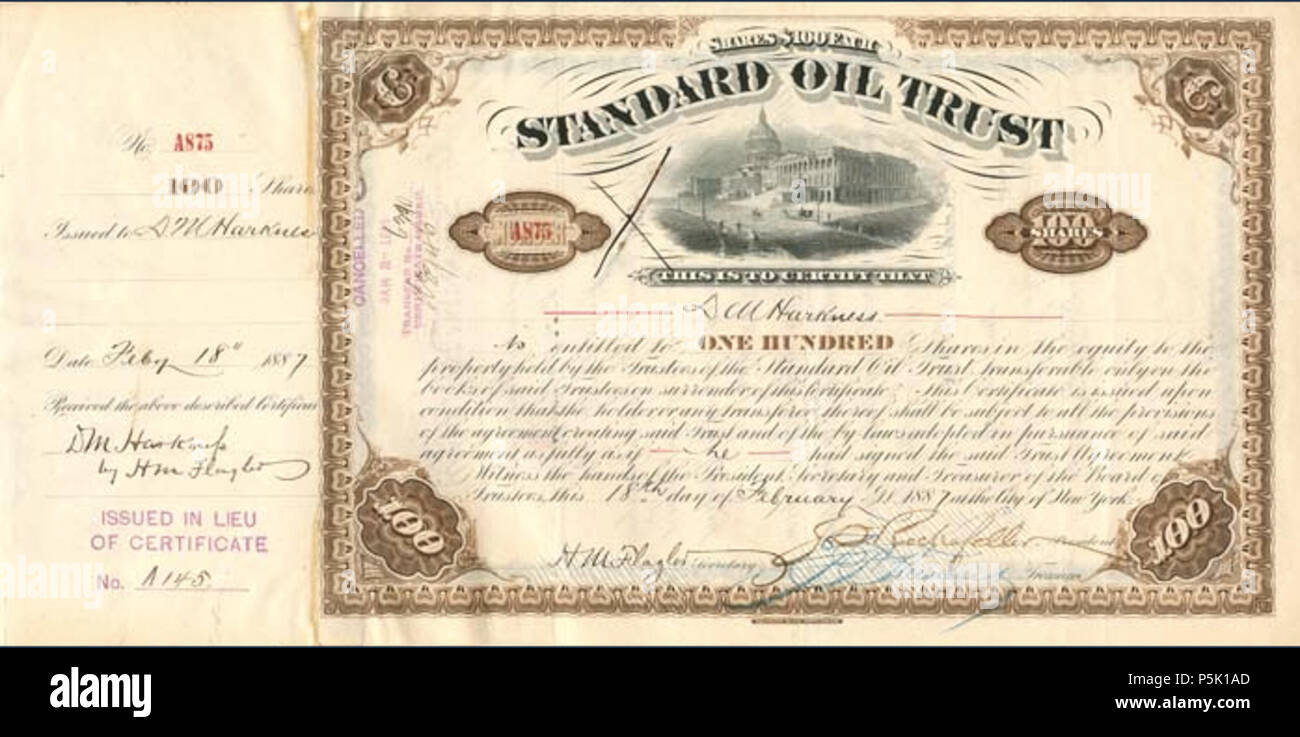 31 1887 Standard Oil Aktie Zertifikat von DM Harkness Stockfoto