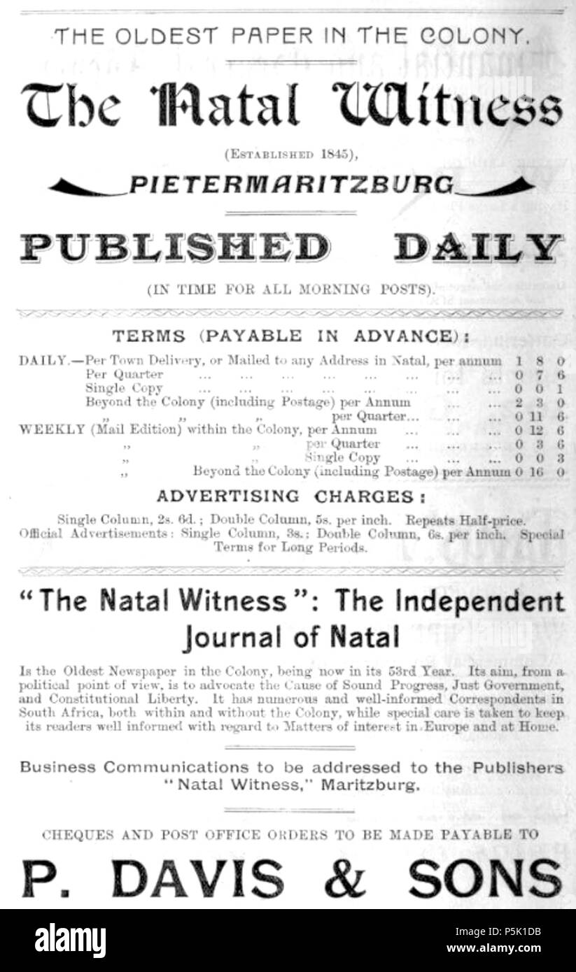 31 1897 Natal Witness zeitungsinserats Pietermaritzburg Stockfoto