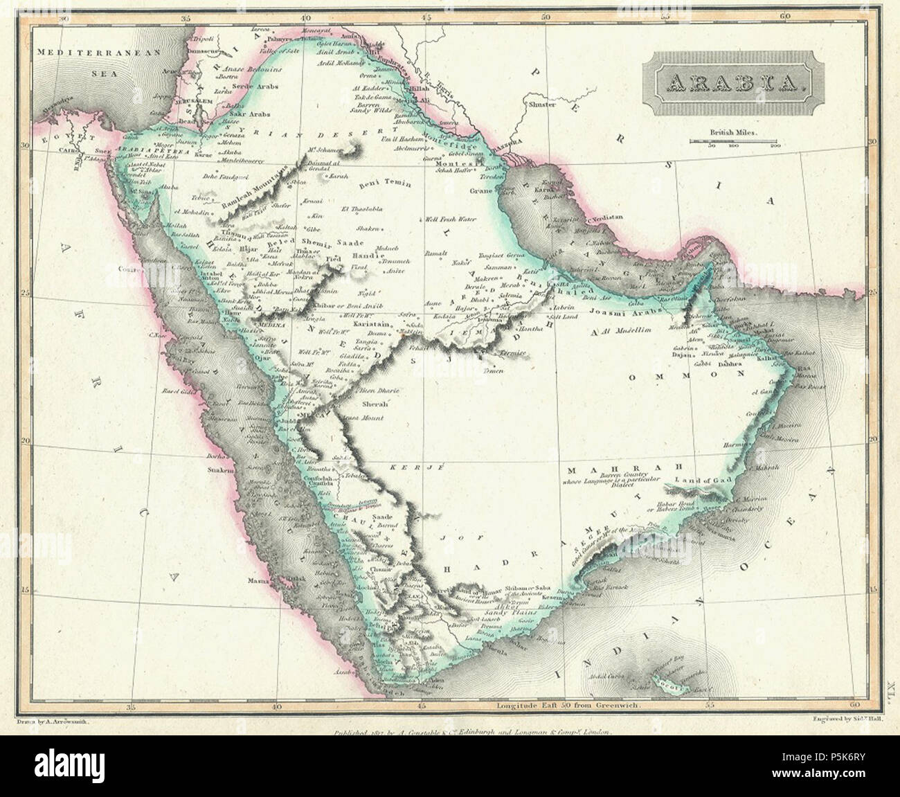N/A. Deutsch: "Arabien". Edinburgh: A. Constable & Co. und London: Longman & Co., 1817. Ca. 8 x 9 1/2. . Aaron Arrowsmith (1750 - 1823) Beschreibung der Britischen Kartograph und Verleger Geburtsdatum / Tod 14. Juli 1750 28. April 1823 Ort der Geburt / Todes London London Authority control: Q 301678 VIAF: 18101110 ISNI: 0000 0001 1041 9954 85137168 LCCN: n NLA: 36515102 Open Library: OL 4271859 ein WorldCat 51 Aaron Arrowsmith 1817 Stockfoto