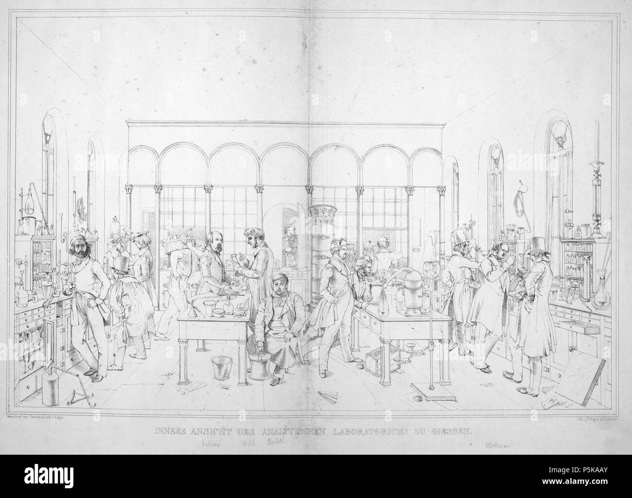 N/A. Deutsch: Justus von liebigs Doktoranten in seinem Gießener Arbeit, um 1841 (heute Liebig-Museum). 1841 (Datum im Nachruf auf A.-W. v. Hofmann). Wilhelm Trautschold (1815 - 1877) 71 AK Liebig 1841 Gießen Stockfoto