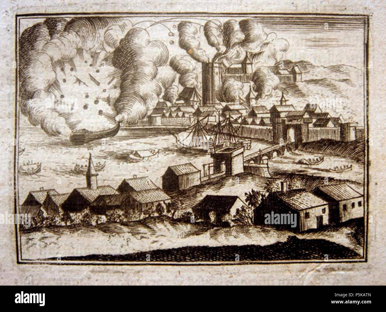N/A. Français: Formulierungsbeispiele d'artiste du Bombardement de Dieppe par les troupes anglo-hollandaises en juillet 1694. Ce-bombardement fut effectué à titre de représailles Suite à l'échec du Débarquement de Camaret le 18 juin 1694. 1701. Unbekannt 219 Bombardement Dieppe 1694 Gravure de 1701 Stockfoto