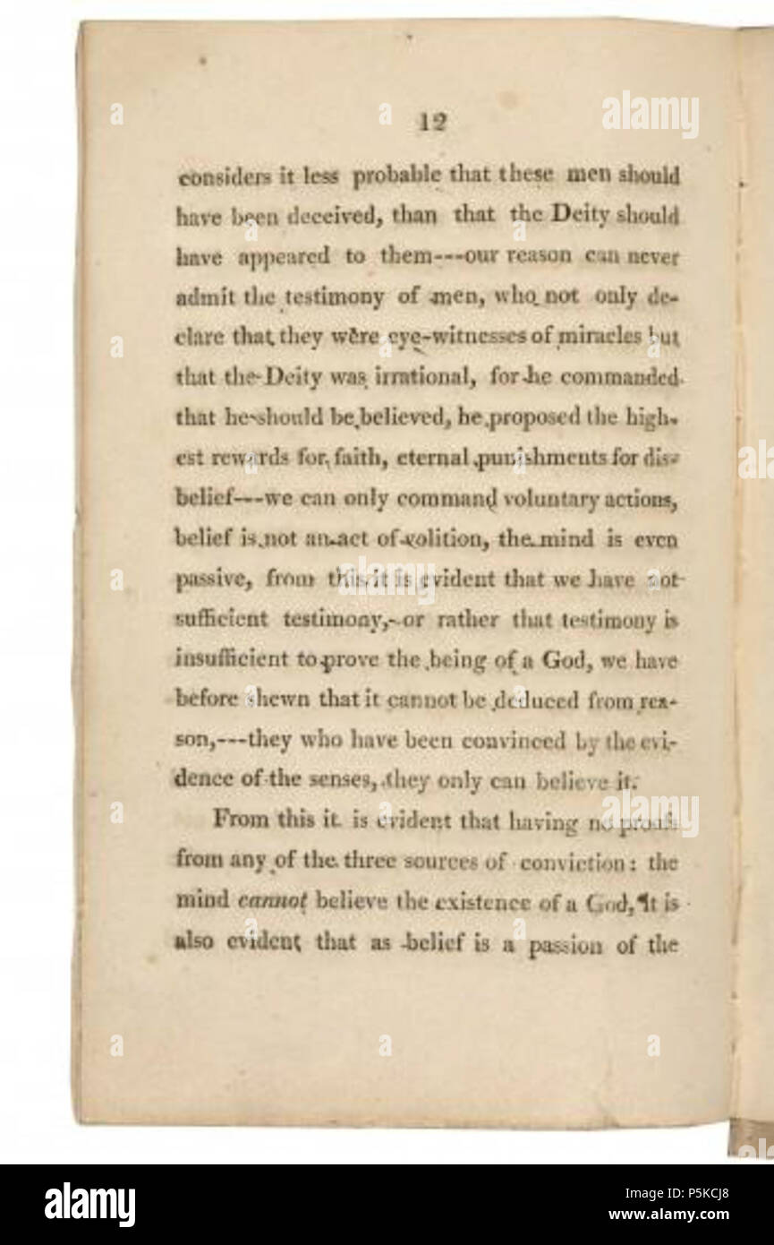 N/A. Englisch: Eine Seite aus dem Jahre 1811 Worthing Drucken von der Notwendigkeit des Atheismus, eine Abhandlung über den Atheismus der englische Dichter Percy Bysshe Shelley, 1811 Gedruckt von C. und W. Phillips in Worthing während Shelley ein Student am University College in Oxford war. 1811. Percy Bysshe Shelley 64 Aetheismfirst -1- Stockfoto