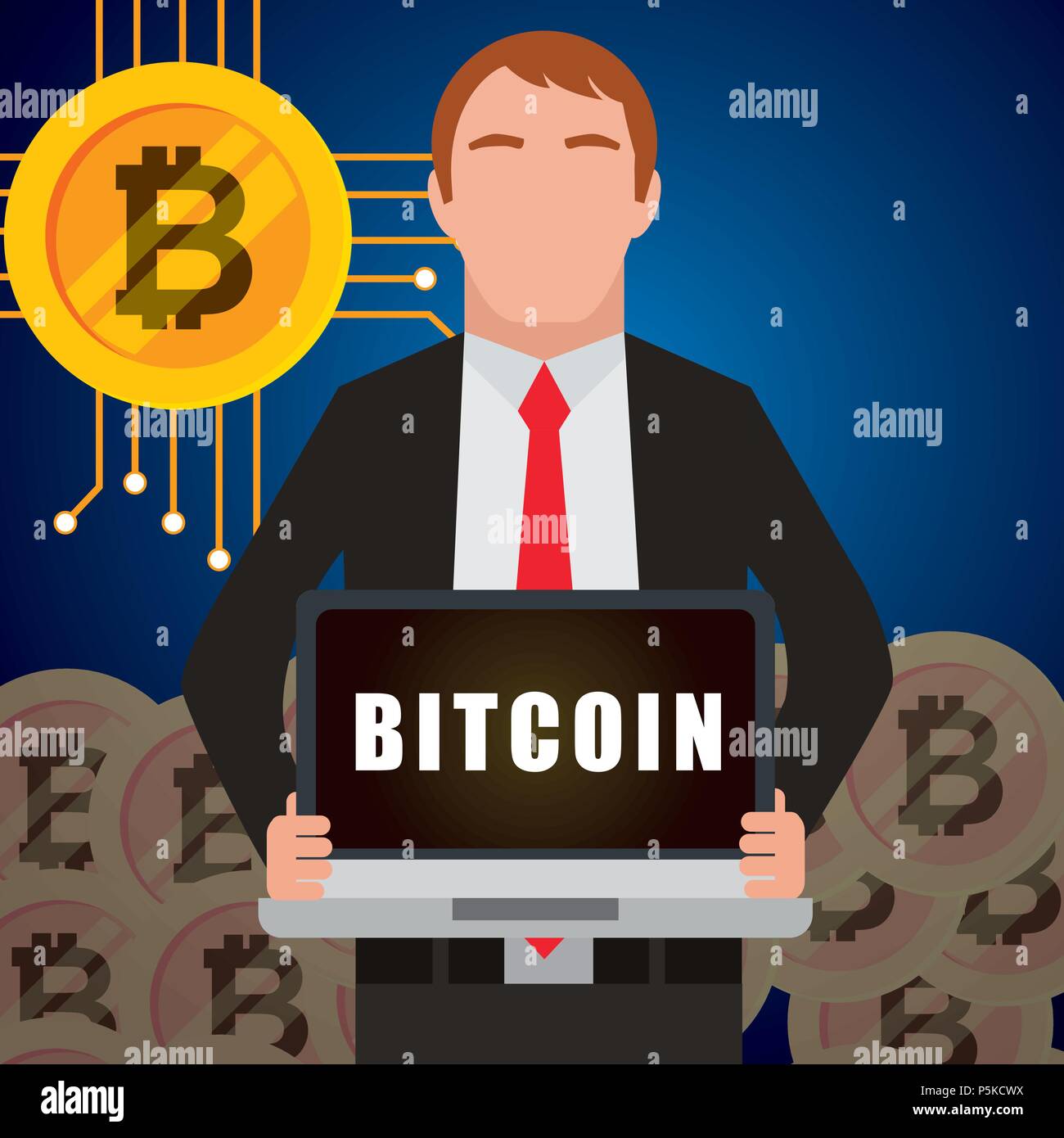 Geschäftsmann, Laptop mit bitcoin Wort Vector Illustration Stock Vektor