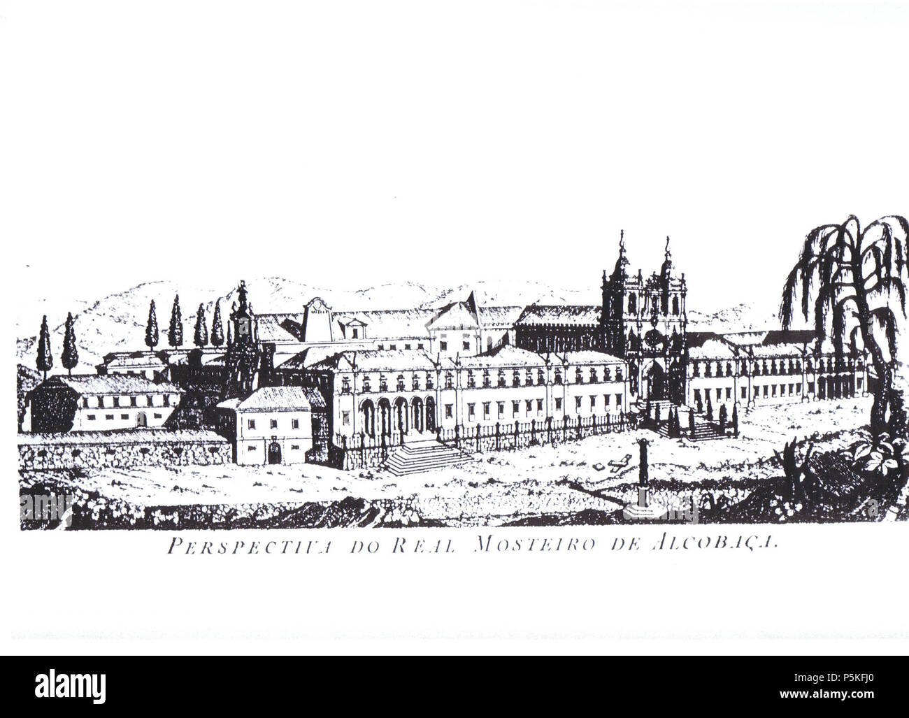 N/A. Gravur der Blick auf die Königliche Abtei von Alcobaca, vor 1750 von unbekannter Herkunft. zwischen 1700 und 1750. Unbekannt 77 Alcobaca. mosteiro. 1750 Stockfoto