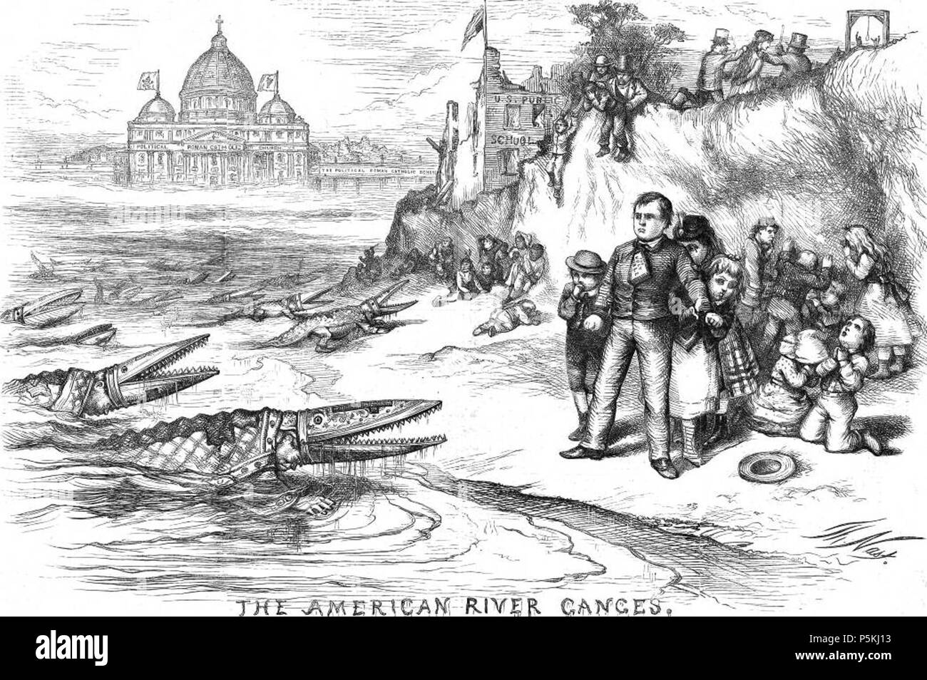 N/A. Deutsch: "Römisch-katholischen Klerus als krokodile Invasion America's Shore Schulkinder der Nation - zu verschlingen - Weiße, Schwarze, Indianer, und Chinesisch. (Die weiße Kinder sind prominente vor, der Rest sind im Hintergrund.) Die öffentliche Schule Gebäude steht als Festung gegen die Gefahr einer Theokratie, hat aber bombardiert worden und fliegt alte Herrlichkeit kopfüber Not zu signalisieren."[1]. 30. September 1871. Thomas Nast (1840-1902) Alternative Namen Thos. Nast; Nast Beschreibung deutsch-amerikanischen Zeichner und Karikaturist Geburtsdatum / Tod am 27. September 1840 vom 7. Dezember 1902 Stockfoto