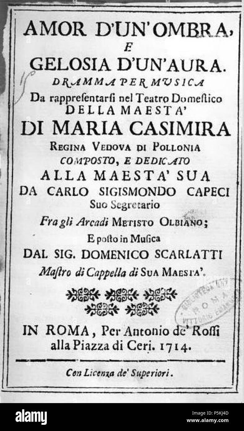 N/A. Englisch: Titelblatt des Librettos für die Premiere von Domenico Scarlattis oper Amor d'un'ombra e gelosia d'un' Aura gedruckt. Januar 1714. Carlo Sigismondo Capece (1652-1728) 94 Amor d'un'ombra e gelosia d'un' Aura, Libretto Titel Seite, 1714 Stockfoto