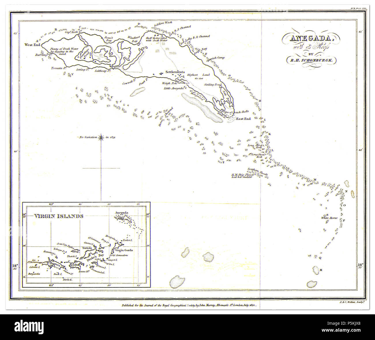 N/A. Englisch: Historische Karte von Anegada, Britische Jungferninseln. 1832. R. H. Schomburgk 100 Anegada-1832 Stockfoto N/A. Englisch: Historische Karte von Anegada, Britische Jungferninseln. 1832. R. H. Schomburgk 100 Anegada-1832 Stockfoto