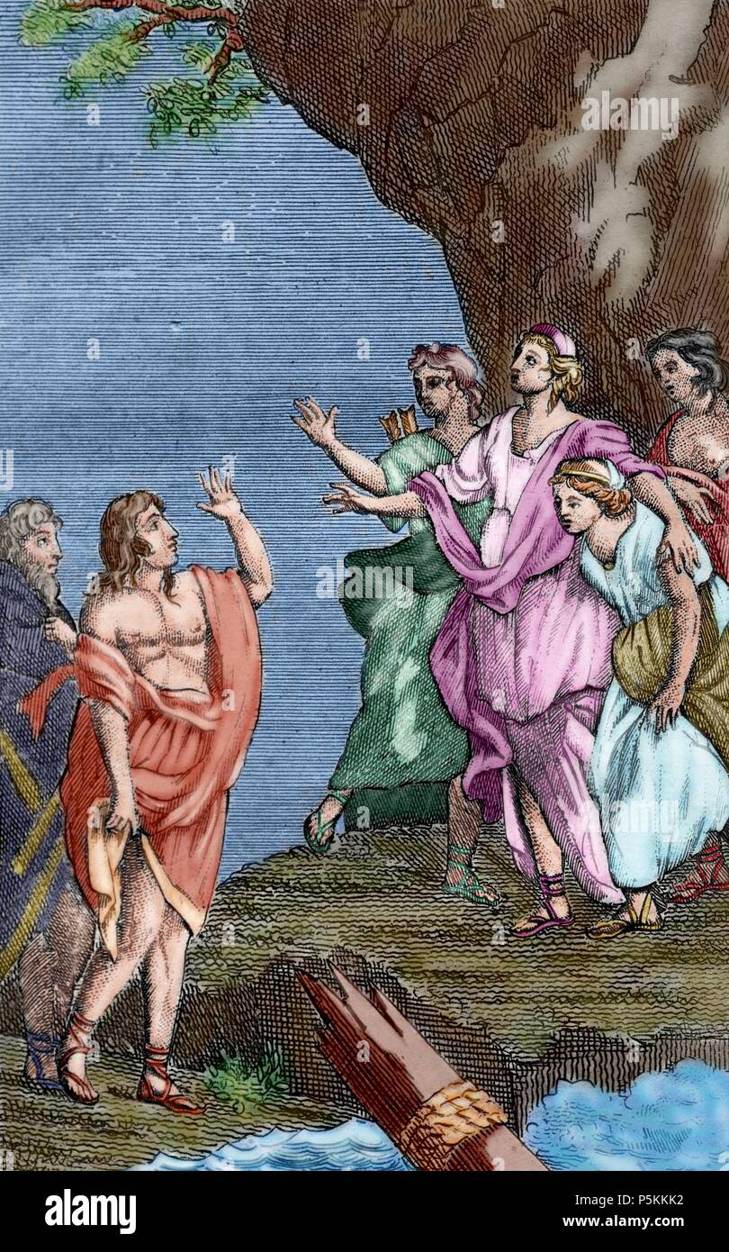 Francois Fenelon (1651-1715). Französischen Erzbischof, Theologe und Schriftsteller. Die Abenteuer von Telemachus, 1699. Kupferstich, koloriert, Telemachus mit MInerva auf der Insel der Kalypso. Buchen Sie ein. Prinz Edition. Bischöfliche Bibliothek von Barcelona. Spanien. Stockfoto