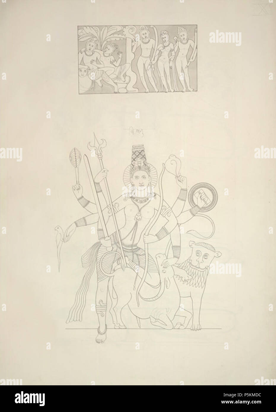 1853 Skizze von Durga Mahishasura mardini im 6. Jahrhundert Ravana Phadi Hindu Cave Temple, aihole Karnataka. Stockfoto