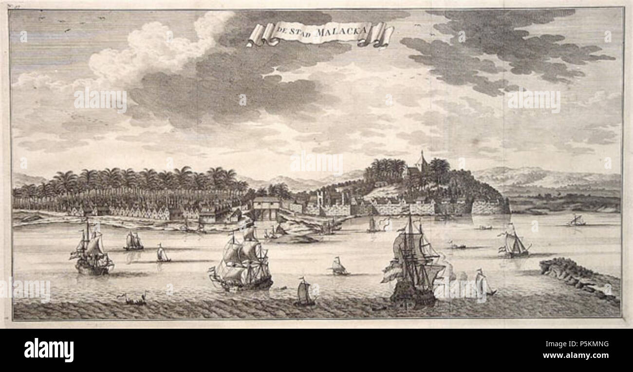 N/A. English: Historische Ansicht von Malakka; von Valentijn | aus dem Jahr 1726; Kupferstich; Original in Amsterdam. : St. Pauls Kirche oben auf dem Hügel, umgeben von dem Fort. Auf der linken Seite: malakka River. 1726. Francis Valentijn 110 antike Karte Valentijn Malakka Stockfoto