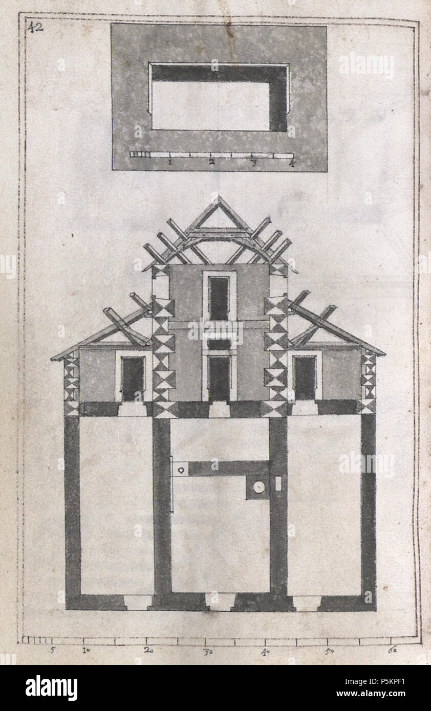 N/A. Architectura Capucinorum, Handschrift, 17. Jh., Württembergische Landesbibliothek, Cod. Don. 879, fol. 27 v, Zeichnung, Motiv: (Haus mit Dachstuhl). 17. Jahrhundert. Probus Heine ( - 1677) Alternative Namen Probus Haine Beschreibung Deutsche Mönch und builder Datum der Geburt / Tod 17. Jahrhundert vom 30. Oktober 1677 Ort der Geburt / Todes Pfullendorf Freiburg im Breisgau Arbeitsort Schweiz (1654-1668), Baden-Württemberg (1656-1673), Frankreich (Ca. 1654-1659) Kontrolle: Q 17325754 120 Architectura Capucinorum 27 v Stockfoto