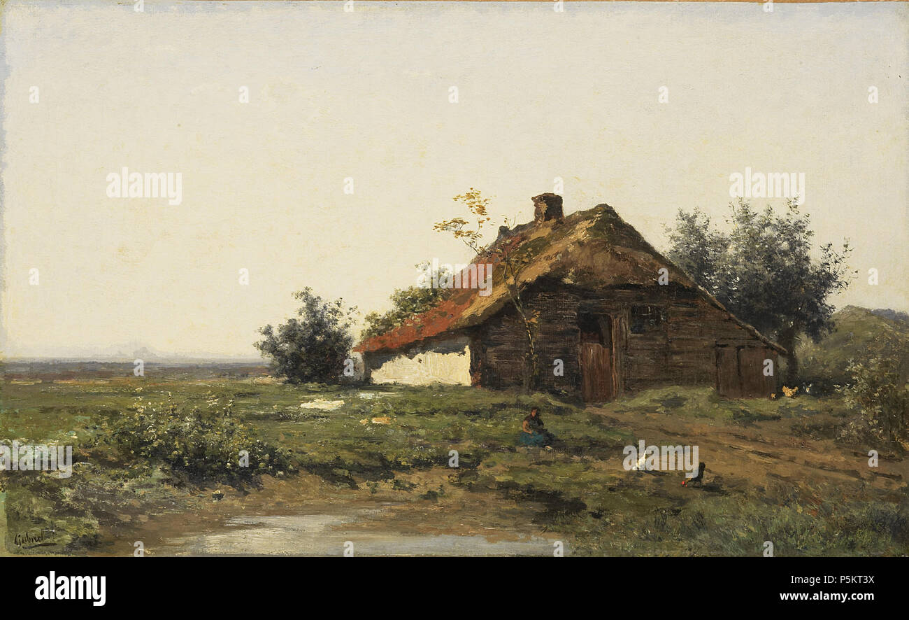 Ferienhaus in ein offenes Feld. Ferienhaus in ein offenes Feld. Ein Mädchen sitzt neben einem Teich. Auf der rechten Seite zwei Huhn sind Roaming. Zwischen 1860 und 1903. N/A29 Boerderij in offenen veld Rijksmuseum SK-A-3412 Stockfoto