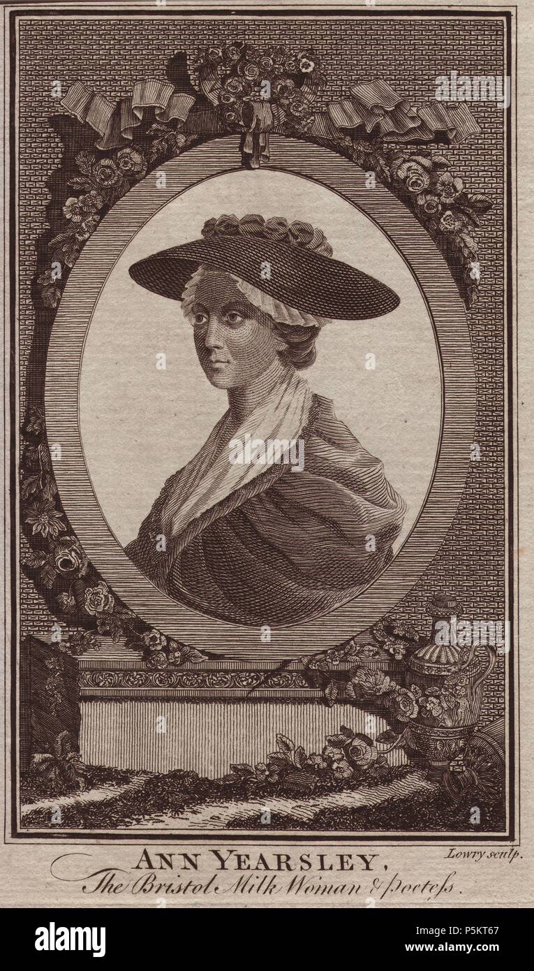 Ann den Yearsley (1753 - 1806), der "ilkwoman & Dichterin." Ann war ein armer Hirterin aus Bristol, bis von dem berühmten aristocrat Schriftstellerin Hannah mehr, der ermutigt, ihr zu schreiben entdeckt und half ihr, einen Band mit Gedichten im Jahr 1785 veröffentlichen. Der Erfolg des Buches verursacht ein eifersüchtiger Rivalität zwischen den beiden Autoren. Bristol war ein wichtiger Hafen des Sklavenhandels zwischen Afrika und den Britischen Kolonien, und 1788, Ann veröffentlicht" ein Gedicht auf die Unmenschlichkeit der Slave-Trade.". Kupferstich von Lowry. Stockfoto