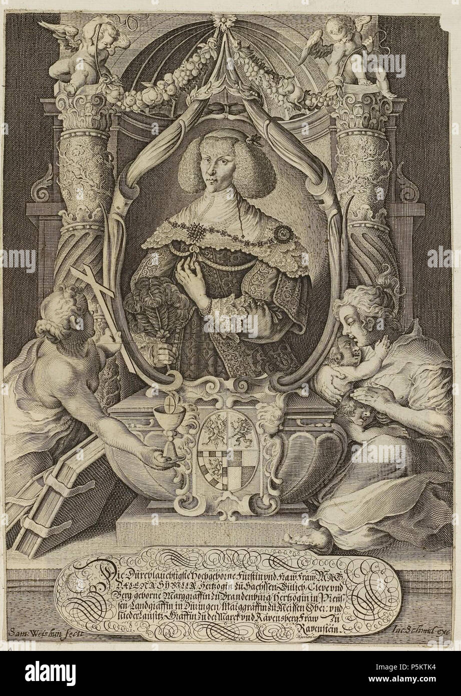 N/A. Grafik aus dem Klebeband Nr.1 der Fürstlich Waldeckschen Hofbibliothek Arolsen Motiv: Magdalena Sibylla, Herzogin von Sachsen, geb. Markgräfin von Brandenburg (= Magdalena Sibylla, Prinzessin von Brandenburg-Preu SSener 1587-1659, verheiratet mit Kurfürst Johann Georg von Sachsen). 17. Jahrhundert. Sam. Weishun, IAC. Schmid 129 Arolsen Klebeband 01 165 Stockfoto