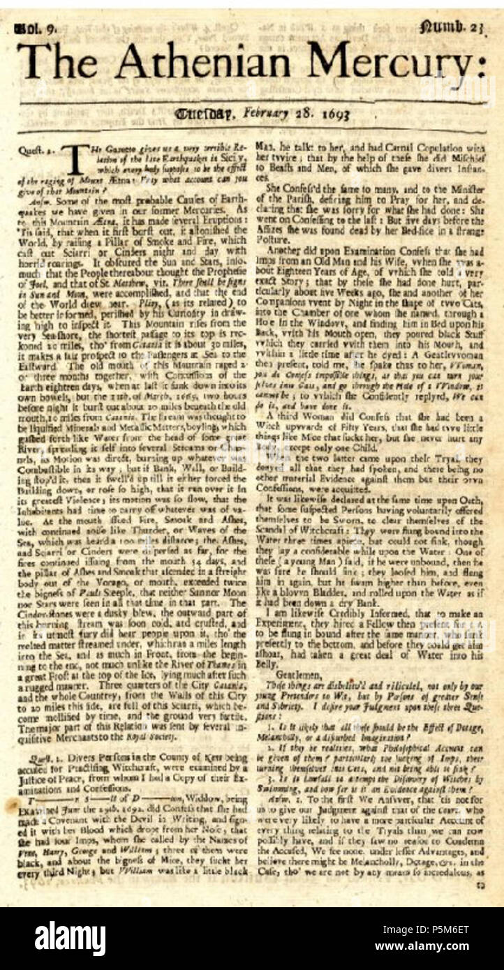 N/A. Englisch: Quecksilber der Athener Zeitung, 28. Februar 1693. 28. Februar 1693. Der athenischen Gesellschaft 144 athenische Quecksilber 28.Februar 1693 Stockfoto