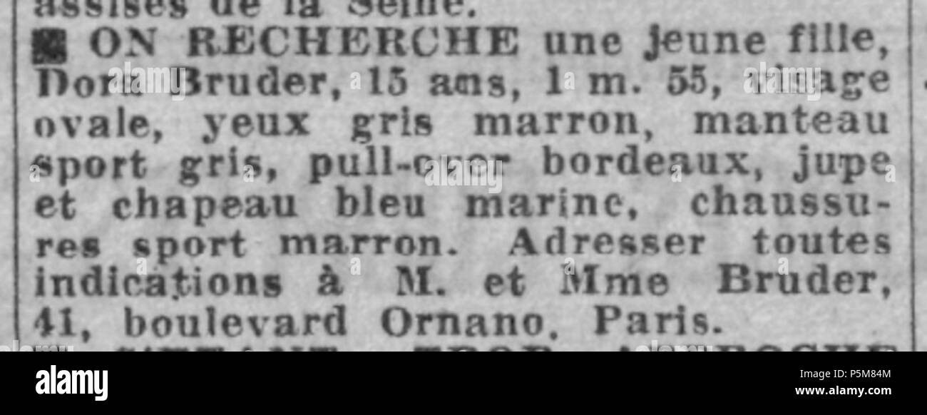 154 Avis de recherche pour Dora Bruder Paris-Soir zum 31. Dezember 1941 Stockfoto