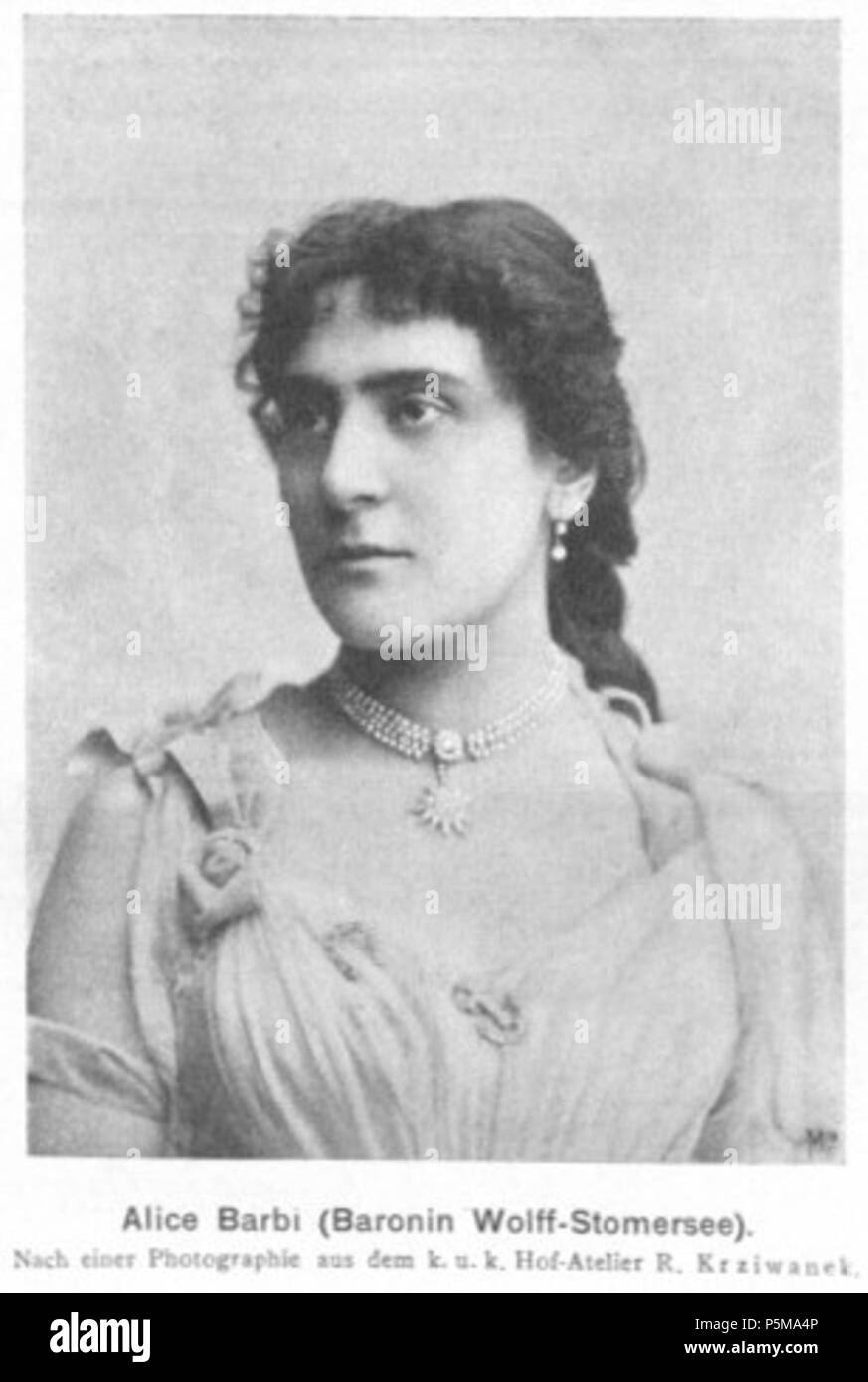 N/A. Englisch: Foto von Alice Barbi (1858-1948), italienische Opernsängerin. 10. Januar 1901. Rudolf Krziwanek ( - 1905) Beschreibung österreichische Fotograf Geburtsdatum / Tod vor 1860 1905 Ort der Geburt / Todes unbekannt Wiener Neustadt Arbeiten Zeitraum 1870 - 1905 Standort Wien, Ischl, Wiener Neustadt Authority control: Q 19299440 VIAF: 301725255 GND: 116576073 85 Alice Barbi 1901 Krziwanek Stockfoto