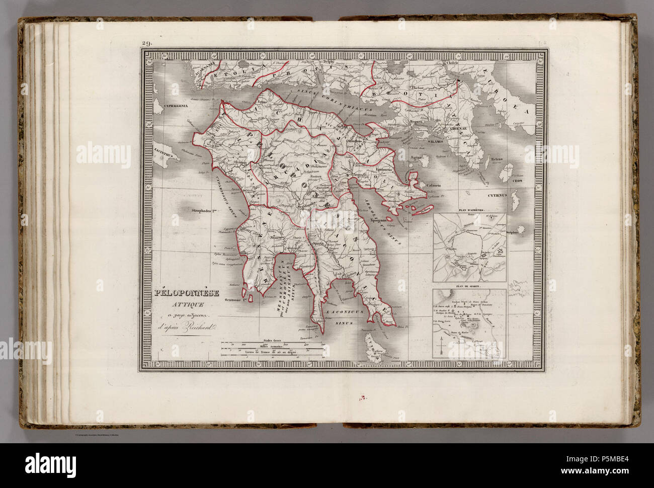 N/A. Französisch: Péloponnèse attique et Pays angrenzenden, d'après Reichard. Plan d'Athènes. Plan de Sparte. Englisch: Vintage Karte des antiken Peloponnes, in einem Atlas für das akademische Jahr 1838/39 veröffentlicht. Vor 1838. C.G. Reichard C.V. Monin 98 Antiken Sparta 1839 Stockfoto