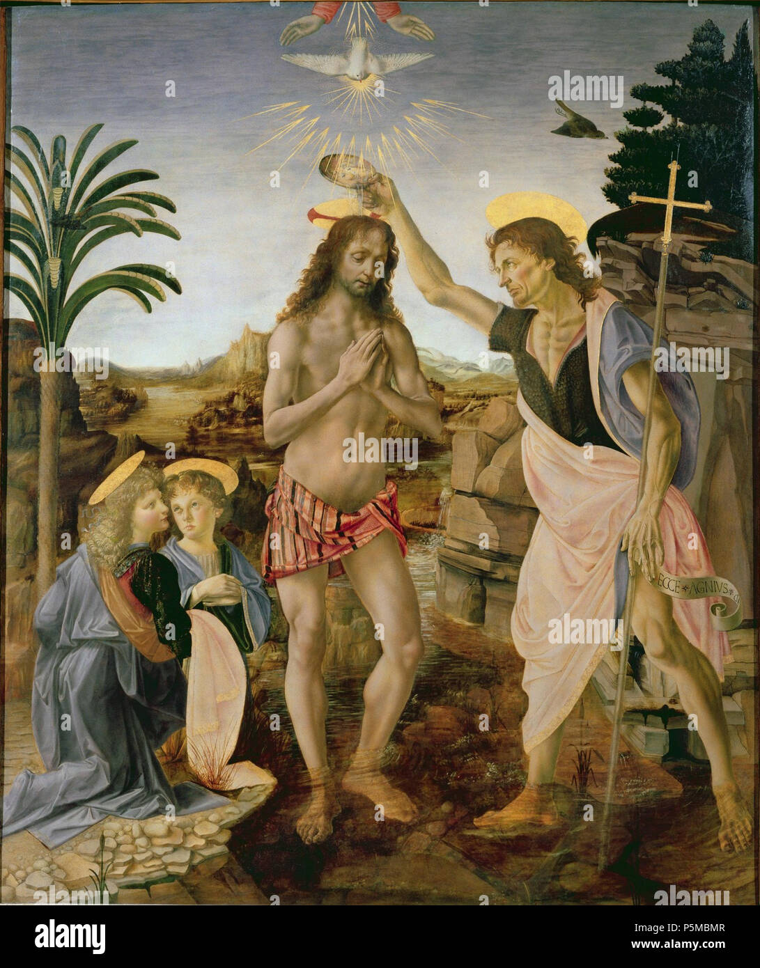 Die Taufe Christi circa 1475. N/A 99 Andrea Del Verrocchio, Leonardo da Vinci - Taufe Christi - Uffizien Stockfoto