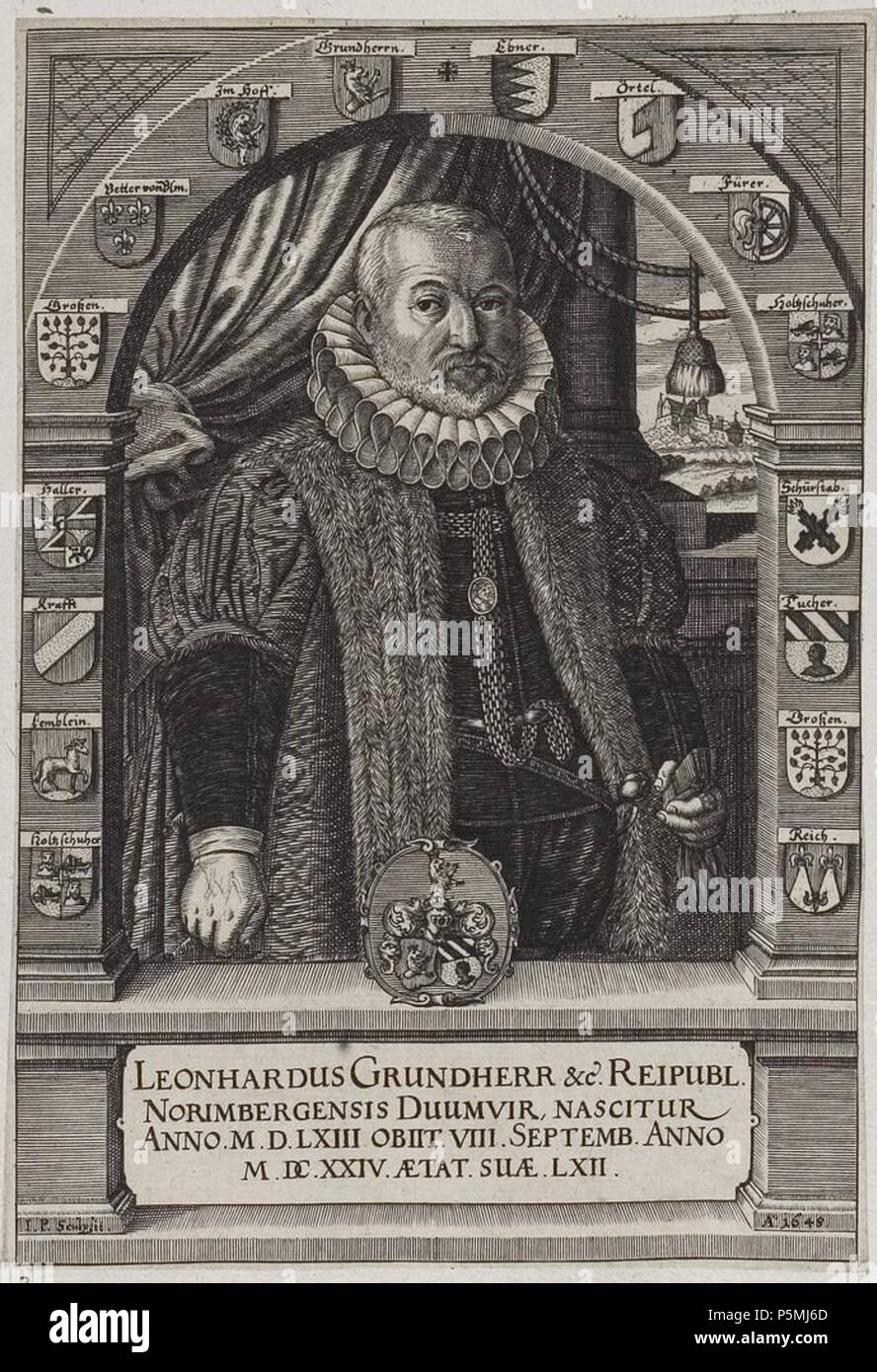 N/A. Grafik aus dem Klebeband Nr. 3 der Fürstlich Waldeckschen Hofbibliothek Arolsen Motiv: Leonhard Grundherr (1563-1624), 1590, 1593 Richter zu Genannter Wöhrd; 1622 Losunger in Nürnberg. 1648. Johann Pfann 134 Arolsen Klebeband 03 261 3. Stockfoto