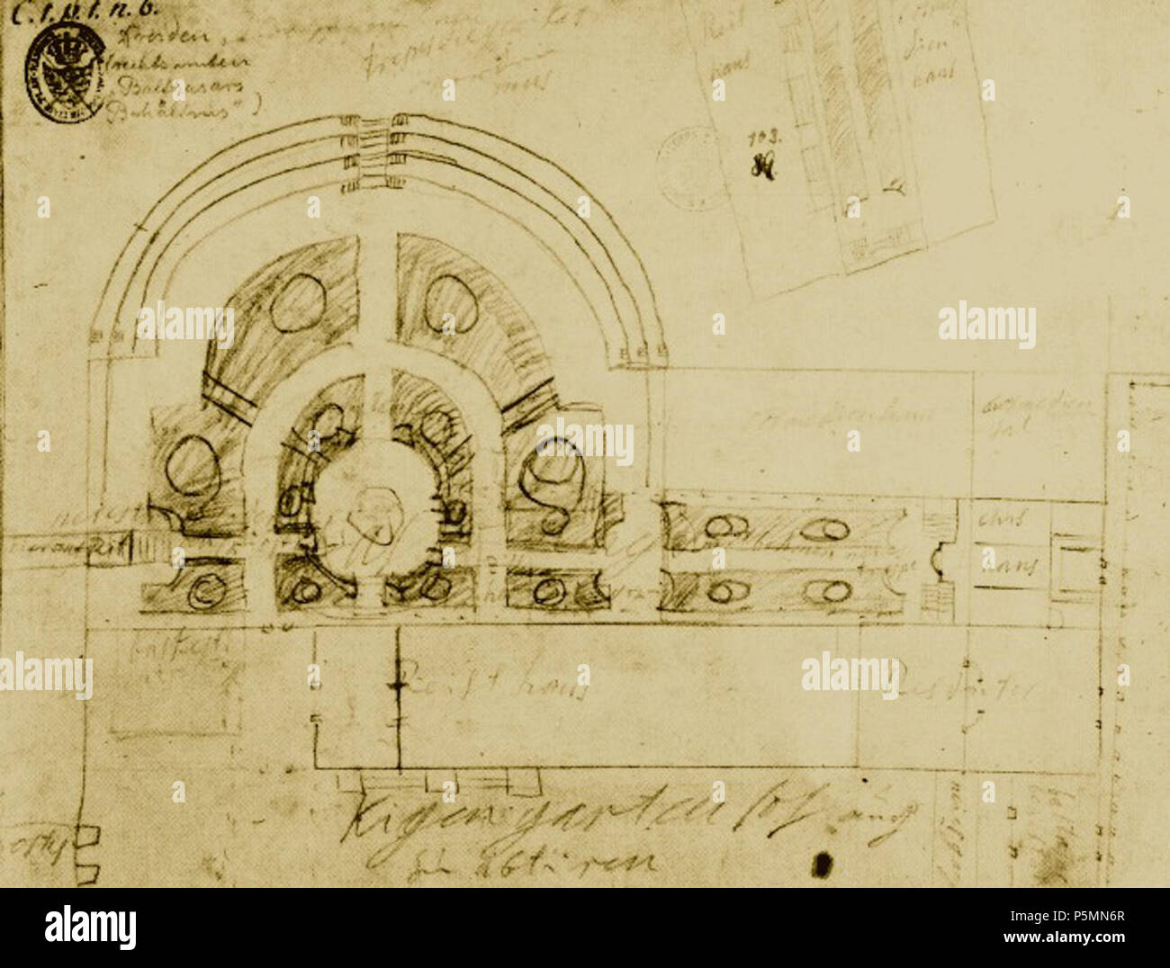 N/A. English: August der Starke: Entwurfsskizze zu einer Orangerie. Bleistift, 1709, Hauptstaatsarchiv Dresden. 1709. August der Starke 149 August der Starke - Bleistiftzeichnung zu einer Orangerie Dresden 1709 Stockfoto