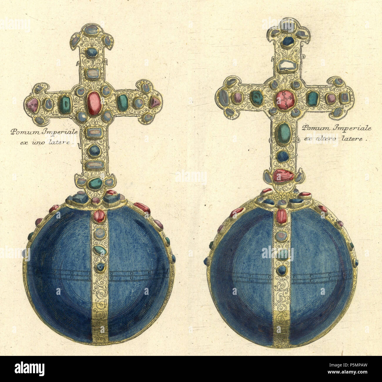 N/A. Authentica repraesentatio duorum Insignivm Imperii Romano-Germanici; Extat in Officina Homanniana. A.1755/[Daselbst zu finden bey Peter Conrad Monath] - Detail: Reichsapfel (Vorder-und Rücksansicht), Click zusammenkopiert (im Originalstich links und rechts der Krone zu sehen). 1755. Werkstatt von Johann Baptist Homann () 153 Authentica repraesentatio Insignivm Reichsapfel beide Ansichten Stockfoto