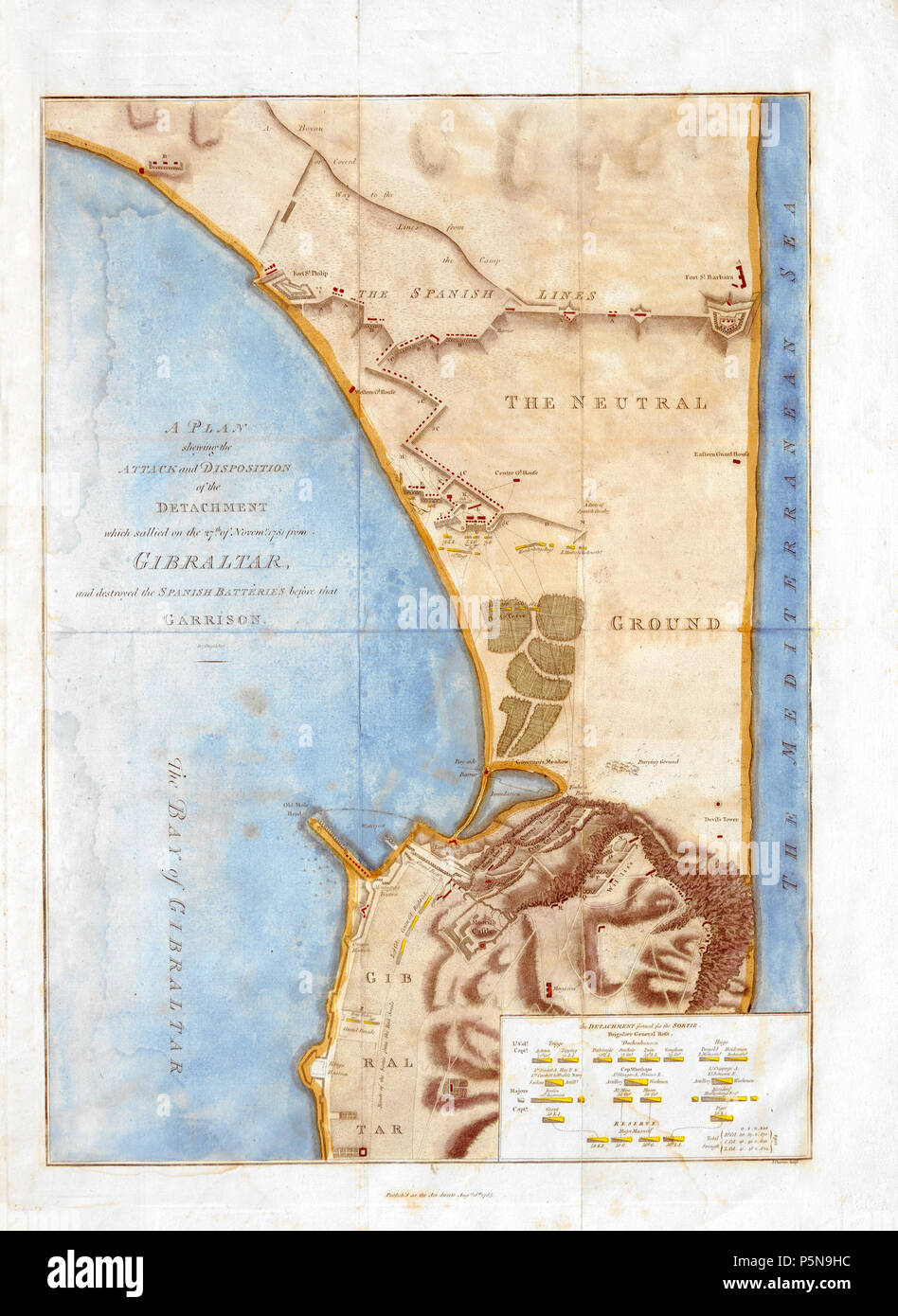 N/A. Ein Plan sollte Hervortreten der Angriff und die Einteilung der Loslösung, brach am 27 novemr. 1781 von Gibraltar, und zerstört den Spanischen Batterien vor, die Garnison. 1785. J. Cheevers 25 1785 einen Plan erweist den Angriff von 27 November 1781 von Gibraltar Stockfoto