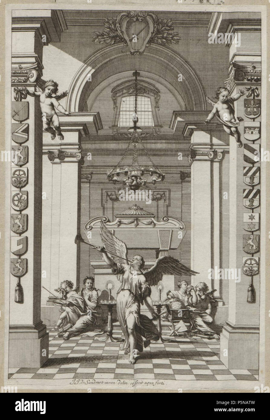 N/A. Grafik aus dem Klebeband Nr. 16 ("Leichbegängnisse") der Fürstlich Waldeckschen Hofbibliothek Arolsen Motiv: Grabmal oder Kenotaph, mit Wappen (Kress von Kressenstein) und Ahnenprobe (Nürnberger Geschlechter) evtl.. Jobst Christoph Kress von Kressenstein (1623-1694), Sohn des Jobst Christoph Kress von Kressenstein und der Sabina geb. Rieter Ahnenprobe links: Kress Haller Tetzel Volckamer Führer Tetzel Örtel Tetzel Ahnenprobe rechts: Rieter Koburger Tucher Tucher Volckamer Tetzel. 17. Jahrhundert. Johann Jakob von sandrart (1655-1698) 139 Arolsen Klebeband 16 079 2 Stockfoto