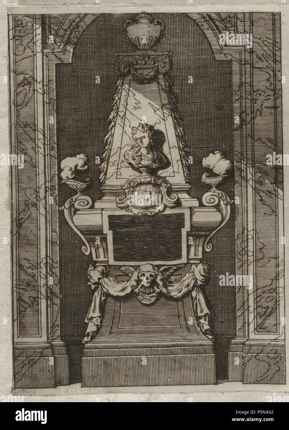 N/A. Grafik aus dem Klebeband Nr. 16 ("Leichbegängnisse") der Fürstlich Waldeckschen Hofbibliothek Arolsen Motiv: Entwurf für ein Epitaph. Wende des 17./18. Jahrhundert. Daniel Marot 139 Arolsen Klebeband 16 085 4. Stockfoto