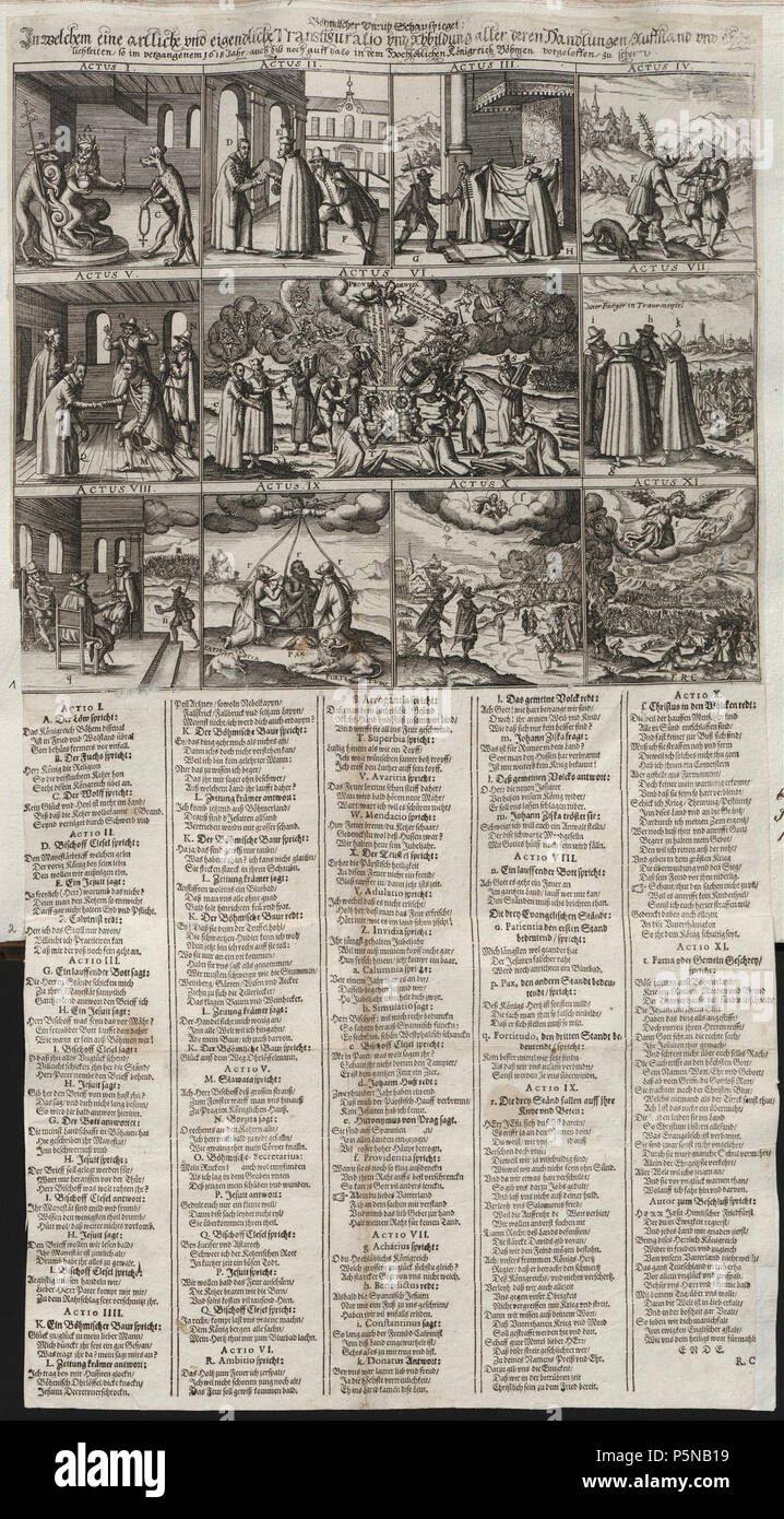 N/A. Grafik aus dem Klebeband Nr. 18 der Fürstlich Waldeckschen Hofbibliothek Arolsen Einblattdruck Böhmischer Vnrüh Schauspiegel: In welchem eine Artliche vnd eigendliche Transfiguratio vnd Abbildung aller deren Handlungen Auffstand vnd… lichkeiten/so im vergangenen Jahr 1618/auch noch Biß auff Dato in dem Hochlöblichen Königreich Böhmen verloffen/zu sehen. 1619. Raphael Custos 139 Arolsen Klebeband 18 033 Stockfoto