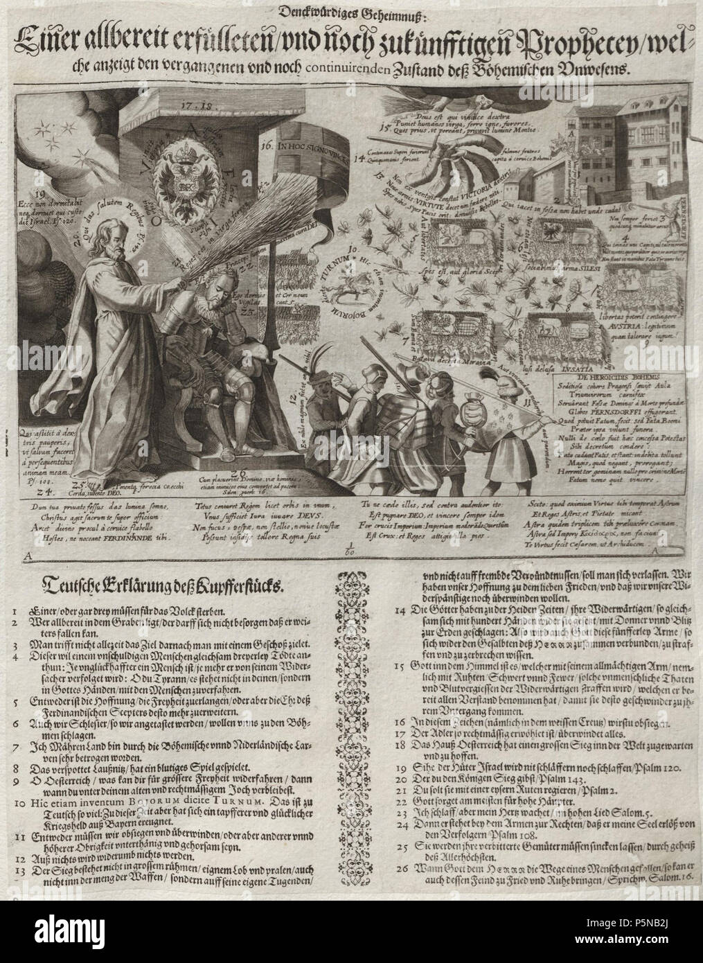 N/A. Grafik aus dem Klebeband Nr. 18 der Fürstlich Waldeckschen Hofbibliothek Arolsen Einblattdruck 'enckwürdiges Geheimnuß: Einer allbereit erfülleten/und noch zukünfftigen Prophecey/welche anzeigt den vergangenen und noch neuwertig deß Böhemischen continuirenden Unwesens: Teutsche Erklärung des Kupfferstücks" des Prager Fenstersturzes und des böhmischen Aufstands in Form einer Traumvision des Kaisers. 1622. Unbekannt 139 Arolsen Klebeband 18 051 2 Stockfoto