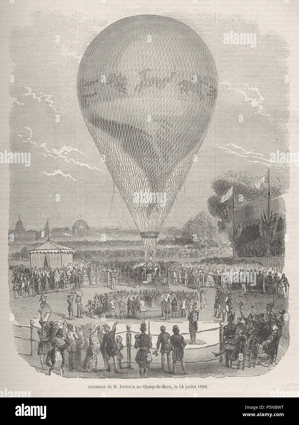 Christi Himmelfahrt de M. Poitevin au Champ-de-Mars, le 14 Juillet 1850. Dieser Ausdruck steht für eine der Attraktionen, die der Öffentlichkeit am 14. Juli vorgeschlagen. M. Poitevin und sein Pferd flog über Paris in einem Heißluftballon. Poitevin erklärte später in Paris so hoch angesehen, dass die Stadt sah aus wie eine Karte. 20. Juli 1850. N/A 142 Himmelfahrt de M. Poitevin au Champ-de-Mars, le 14 Juillet 1850 Stockfoto