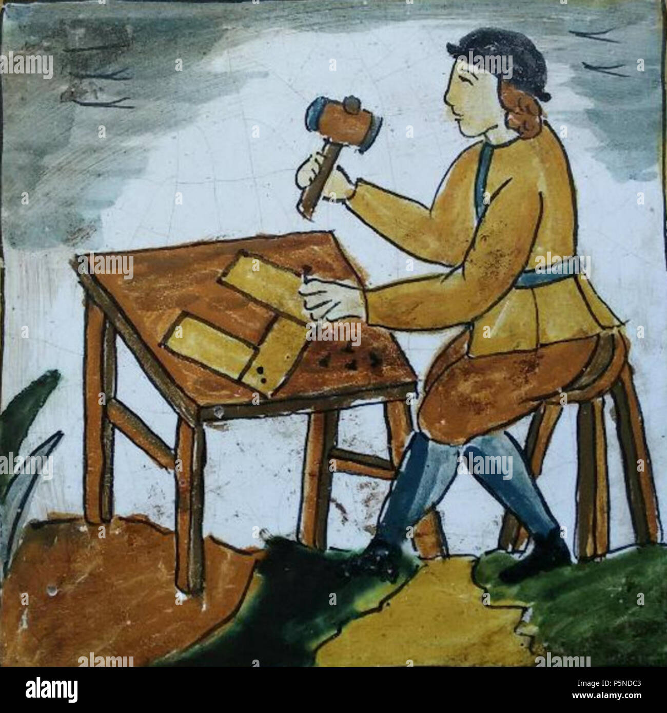 N/A. Español: Azulejo de oficios de las Series de azulejería beliebte Catalana a partir de originales de diseños anónimos desde el siglo XVII. Documentales Referencias en [Cid Priego: "Azulejería beliebte Española: Las losetas catalanas de oficios" Englisch: Serie von Katalanisch beliebte Fliesen von anonymen Designs Vorlagen seit dem 17. Jahrhundert. Els rajoles dels oficis; Museen für Kunst in Barcelona (Newsletter auf Katalanisch), Seiten 193-200. 5. Januar 2017. Latemplanza 158 Azulejo oficios - Guarnicionero Stockfoto