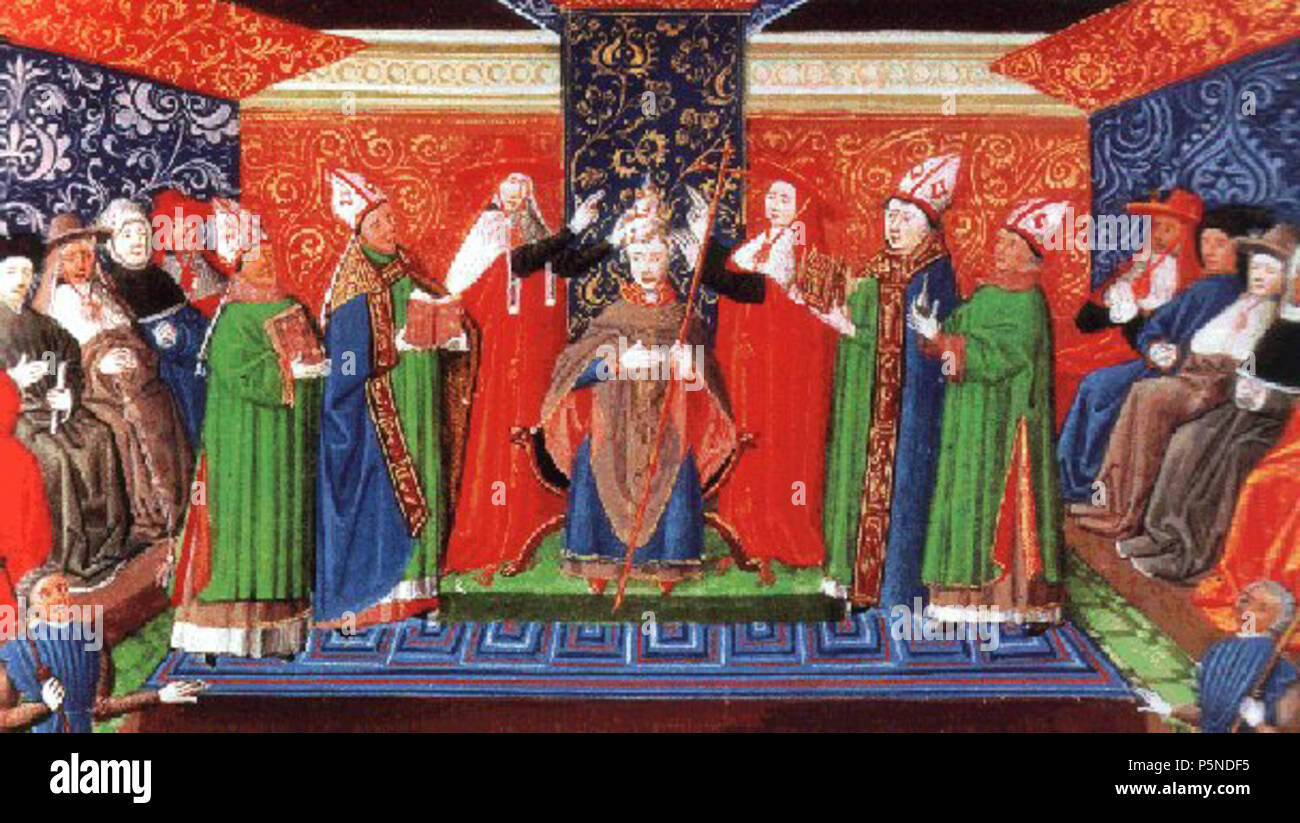 N/A. English: Krönung von Bonifatius VIII., dem zweiten Papst der römischen Linie 5/6 dem Großen Schisma (Handschrift Chronique de France von Froissart 15. Jh. - London, British Museum). 15. Jahrhundert. Aus Frankreich 158 B Bonifatius VIII 2 Cronist Stockfoto