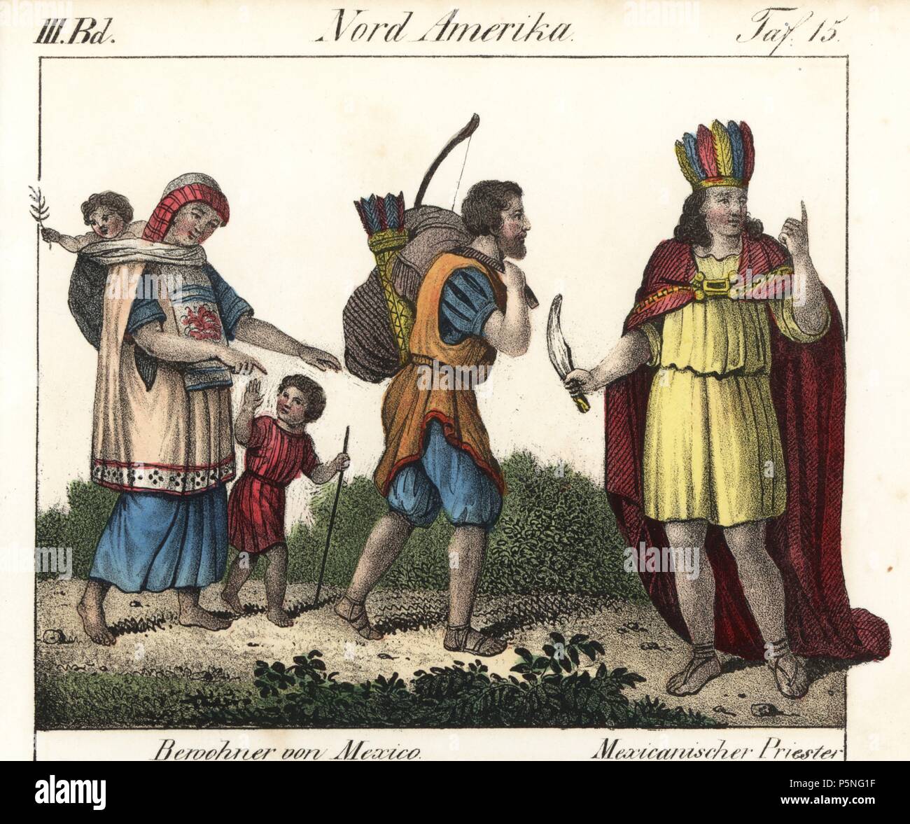 Ureinwohner von Mexiko Reisen, der Mann mit Bogen und Köcher, die Frau im Rock und Tunika mit Schleier und Baby auf dem Rücken. Ein mexikanischer Priester in gefiederten Hut und Cape mit aufopfernder Messer. Papierkörbe Lithographie von Friedrich Wilhelm Goedsche's 'Vollstaendige Völkergallerie in getreuen Abbildungen' (komplette Galerie der Völker in der Wahren Bilder), Meißen, ca. 1835-1840. Goedsche (1785-1863) war ein deutscher Schriftsteller, Buchhändler und Verleger in Meißen. Viele der Illustrationen wurden von bertuch's 'Bilderbuch pelz Kinder" und anderen angepasst. Stockfoto