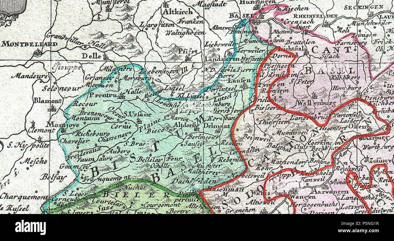N/A. Englisch: Die jeweiligen Gebiete der Prince - Bistum und Kanton Basel. Seit der ersten Hälfte des 16. Jahrhunderts, der Prinz - Bischof in Porrentruy residierte ('Prentru' auf der Karte). Im 19. Jahrhundert die Stadt Basel, das war bis dahin Teil des Kantons, wird die Abspaltung zu bilden einen eigenen Kanton (Basel-Stadt). Auf einer Karte der switzweland von Homann Erben im Jahr 1751 veröffentlichte abgeschnitten. 1751. Homann Erben, 1751 175 Basler Bistum und Kanton 18. Stockfoto