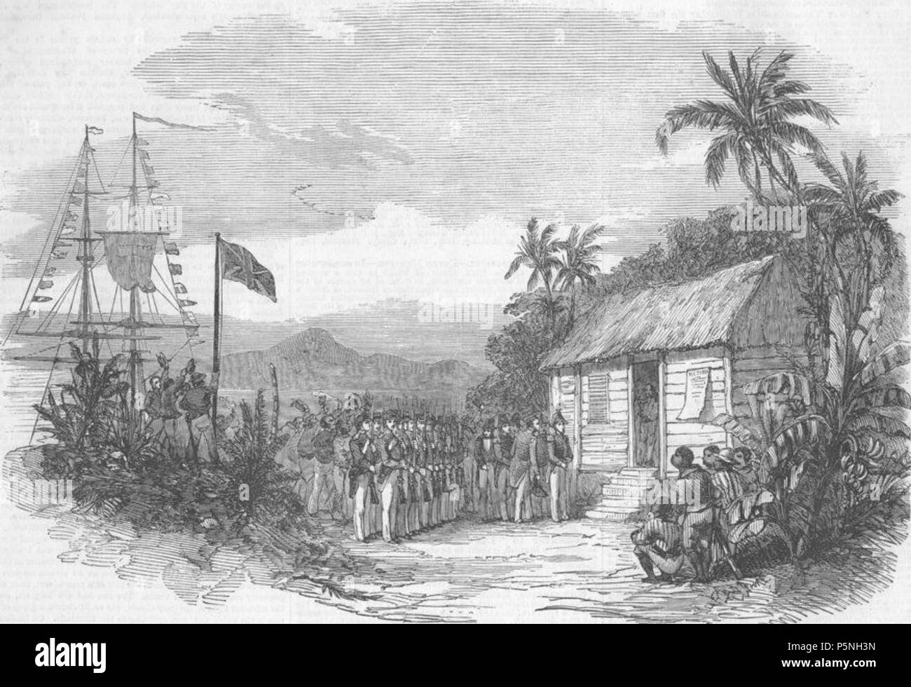 N/A. Englisch: 1853 drucken zum Gedenken an Großbritanniens Annexion der Bay Islands (aus Honduras) im März 1852. Die Beschriftung der Gravur liest: "Verkündigung der Kolonie von Bay Islands". Die britische Krone den Bay Inseln sowie der Mosquito Coast zu Honduras und Nicaragua von einem Konvent im Jahr 1859 unterzeichnet. 1853. Unbekannt, 1853. 178 Bay Inseln 1853 Stockfoto