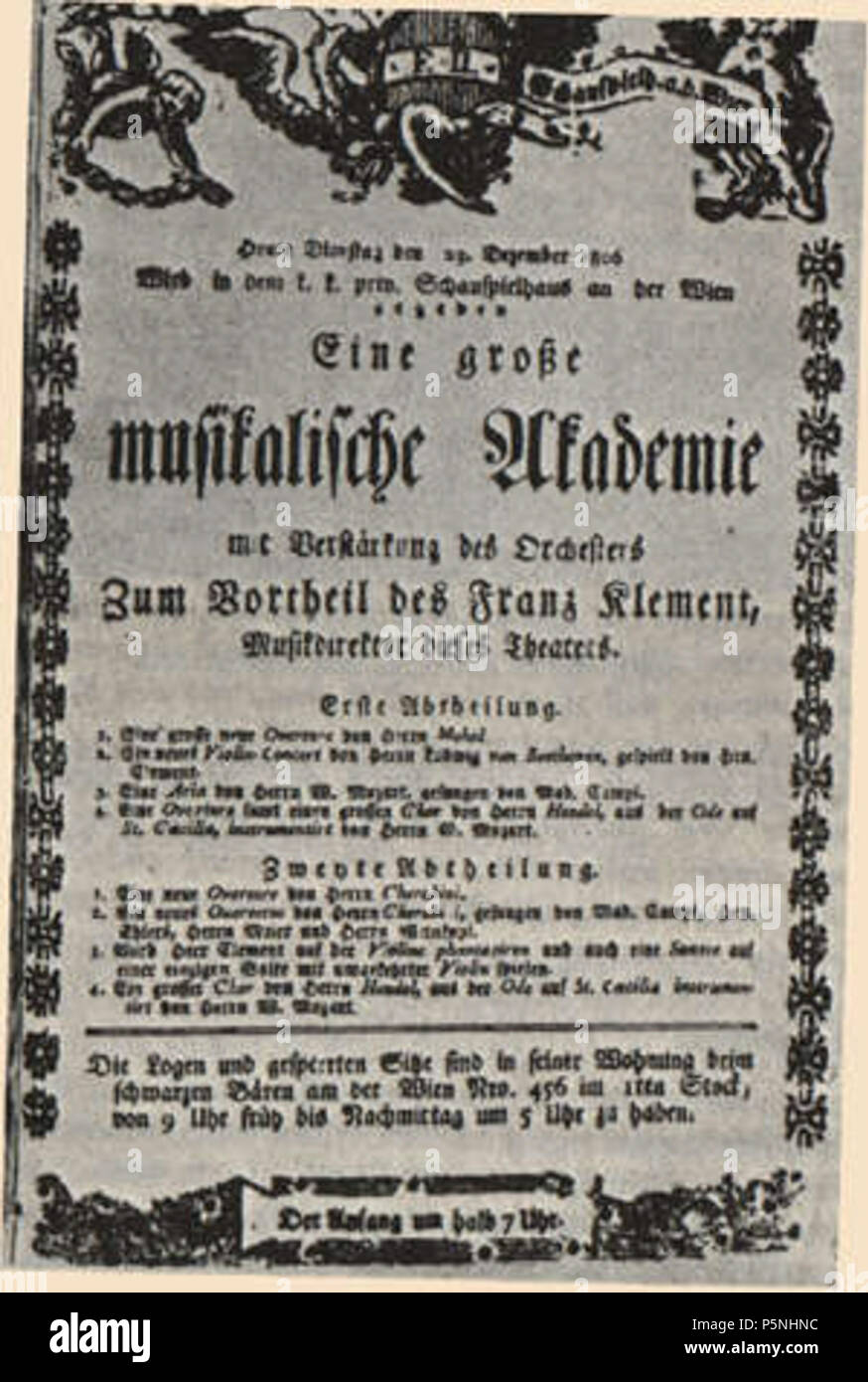 N/A. English: Anschlagzettel zur Uraufführung von Beethovens Violinkonzert. 1806. Unbekannt 181 Beethoven 1806.12.23 (Zettel) Stockfoto