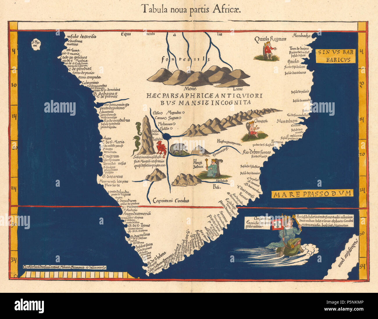 N/A. 1513 Karte von Martin Waldseemüller "Tabula noua partis Africae." ignoriert es früher Referenzen zu einem Sacaff oder Saaph See, die er an den Nil beziehen, und setzen Sie sie in Abessinien (Äthiopien) und zeigt die Berge des Mondes (Mone Lune) als Quelle des Nils. 1541. Martin Waldseemüller 17 1541 waldseemuller Karte von Afrika Stockfoto