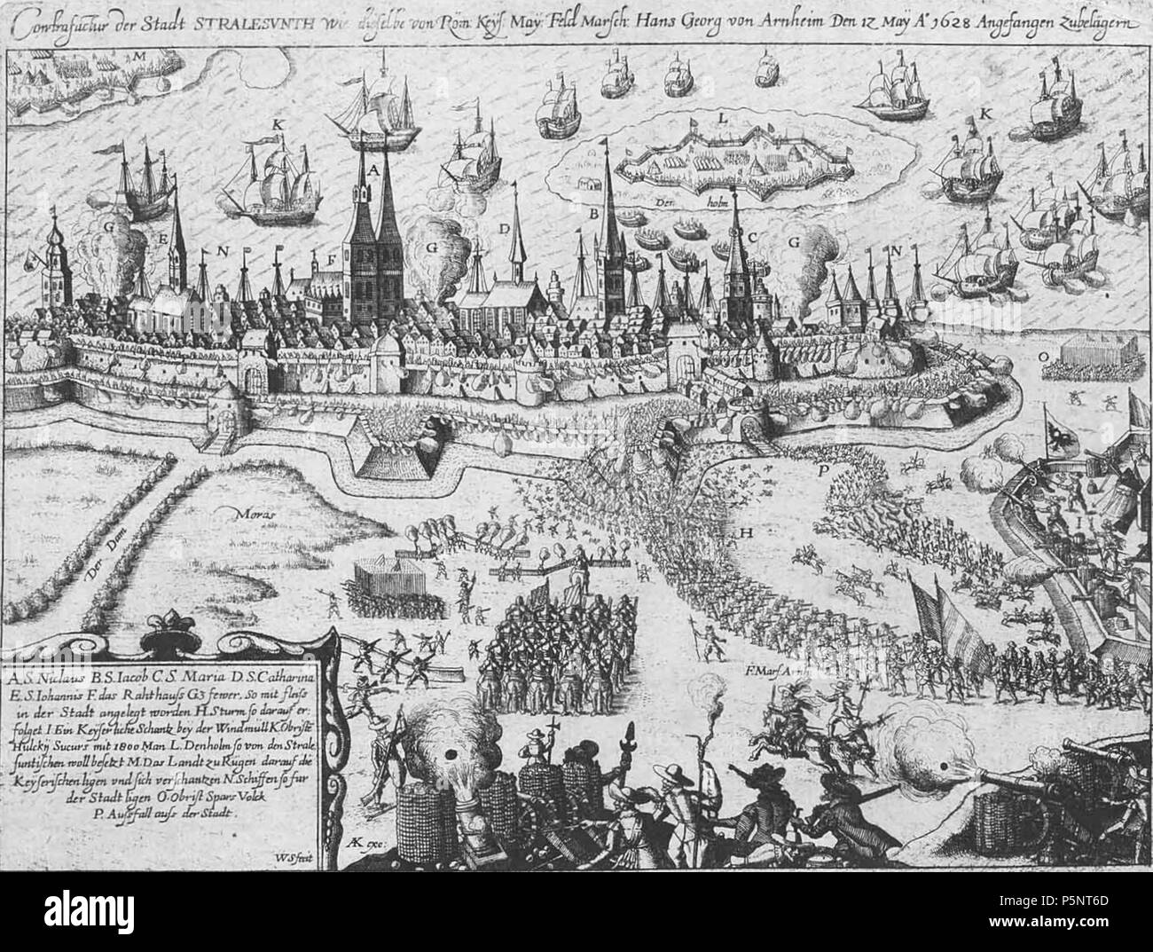 N/A. Belagerung Stralsunds durch Wallenstein 1628, Kupferstich in einem zeitgenössischen Flugblatt. 1628. Unbekannt 184 Belagerung Stralsunds durch Wallenstein 2 Stockfoto