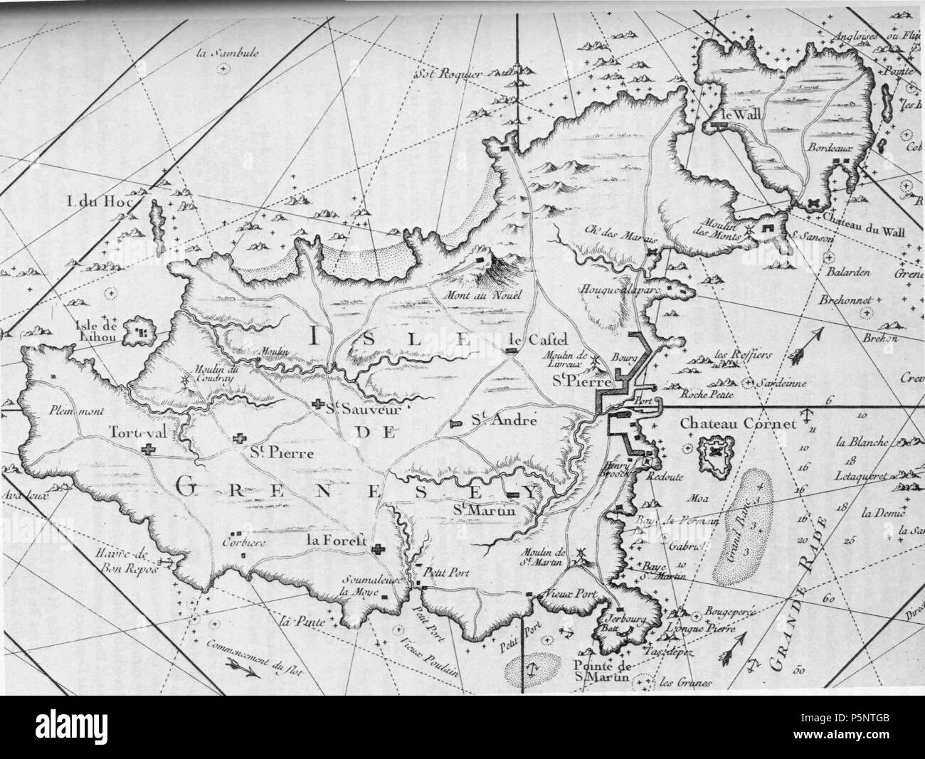 N/A. Englisch: französischen Karte von Guernsey ('Grenesey'), Kanalinseln, von 1757. 1757. 185 Jacques Nicholas Bellin Bellin Guernsey 1757 Stockfoto