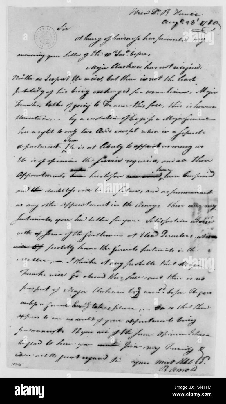 N/A. Englisch: Brief von Benedikt Arnold zu Nicholas Gilman, Schatzmeister von New Hampshire. George Washington Papers, Series 4, allgemeine Korrespondenz. Die Bibliothek des Kongresses in Washington, D.C. am 23. August 1780. Benedict Arnold 186 Benedict Arnold Nicholas Gilman Stockfoto