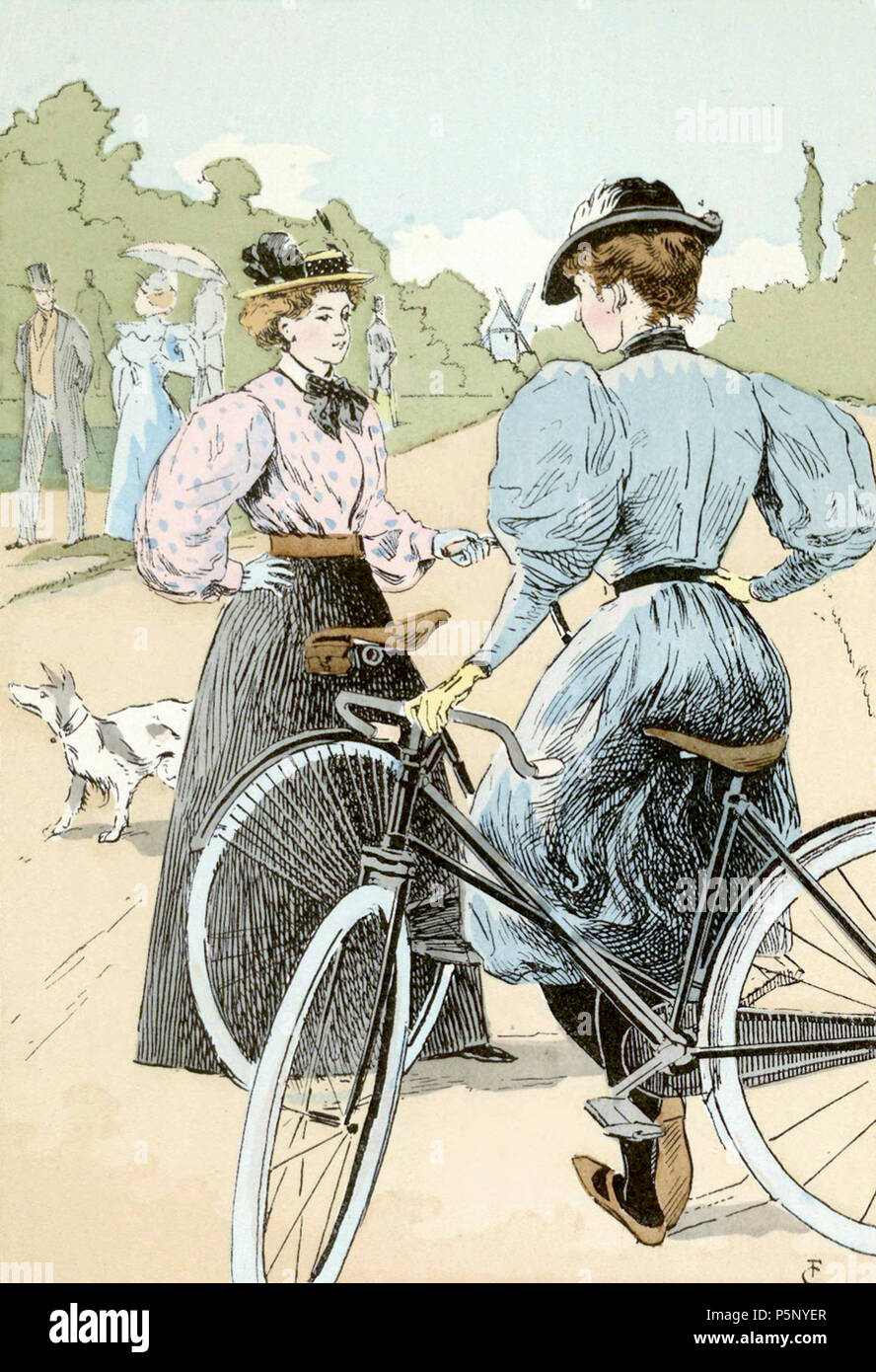 Radfahren die Damen des Rades, 1896 Serie: Paris, Hauptstadt des 19. Jahrhunderts. Die Frau mit dem Fahrrad trägt ein kurzes Kleid über dunkle Leggings. Ihr Kleid behält den Stil des Epoque, mit einem stark akzentuiert, Korsett Taille, ein sehr hoher Kragen und Wabernden, hammelkeule Ärmeln. Die Frau auf der linken Seite trägt ein englischer Maßanzug. Ihren Rock über die Hüften schmal und erweitert durch den Saum. Ihre Bluse hat ziemlich weiten Ärmeln und einem sehr hohen Kragen. Die beiden Frauen Hüte auf den Köpfen thront, höchstwahrscheinlich von Compinions statt. Zusammenfassung Quellen: Boucher, Fran Stockfoto
