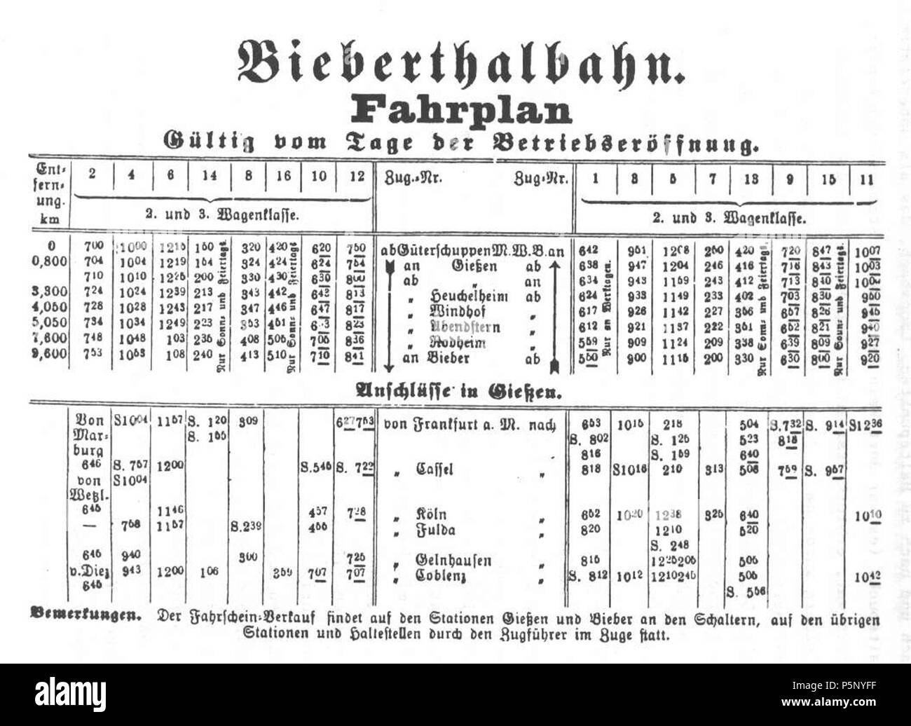 N/A. English: erster Fahrplan ab 1898. 18. August 1898. Ferres 14:14, 25. Mai 2008 (CEST) 199 Biebertalbahn-Fahrplan v. 18.08.1898 Stockfoto
