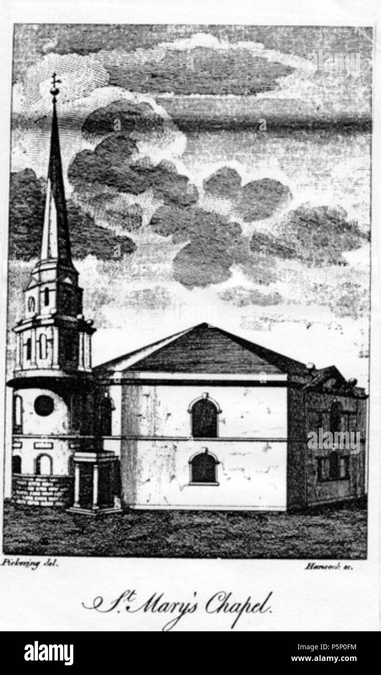 N/A. Englisch: Gravur von St Mary's Chapel, Whittall Street, Birmingham, England, von William Hutton, eine Geschichte von Birmingham (2. Auflage, 1783). Es wurde gebaut, über 1774 und 1925 abgerissen.[1]. 1783. Stecher Robert Hancock, nach Pickering 205 St Mary's Chapel Birmingham Hutton Stockfoto