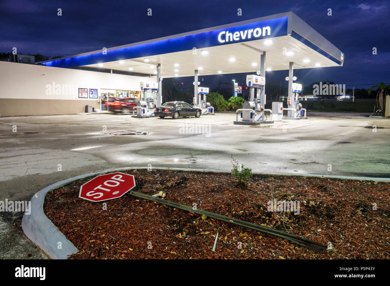 Stuart Florida, Nacht, Chevron, Tankstelle mit Gasfüllung, Pumpen, Baldachin, FL170925236 Stockfoto