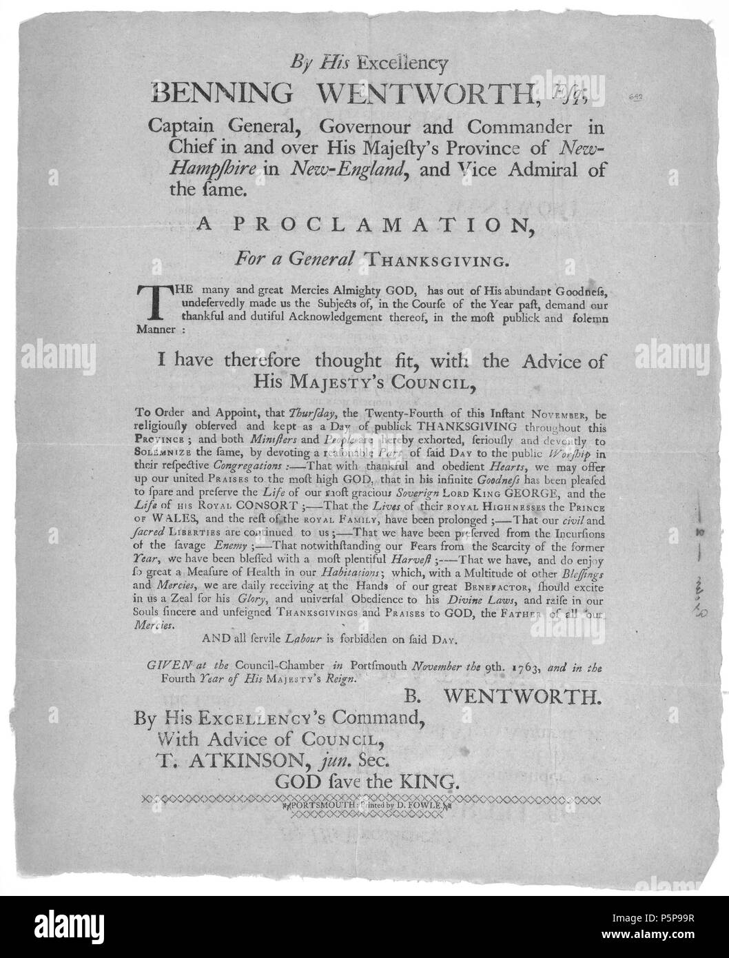 N/A. Englisch: Thanksgiving Proklamation von Benning Wentworth, kolonialer Gouverneur von New Hampshire, in Portsmouth, New Hampshire, 9. November 1763 erteilt. Die Bibliothek des Kongresses, Washington, DC 1763. Benning Wentworth, Gouverneur, Staat New Hamsphire 189 Benning Wentworth Gouverneur Thanksgiving Proklamation Stockfoto